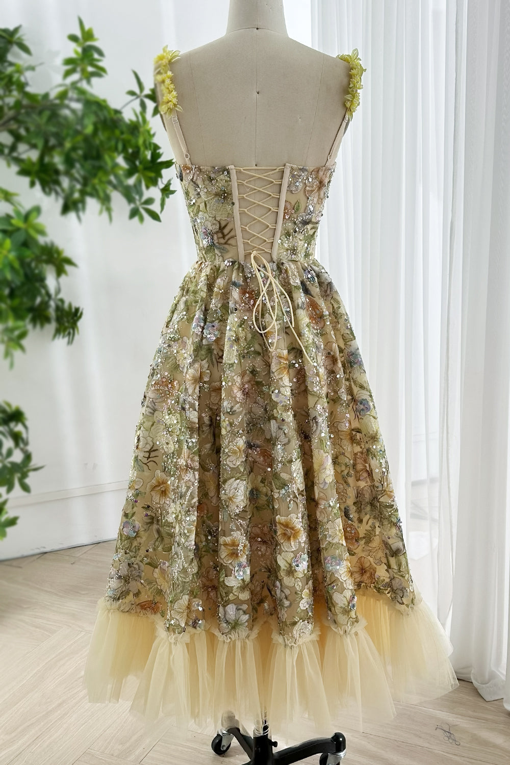 Floral Embroidered Tulle Midi Dress with Yellow Appliqué Straps