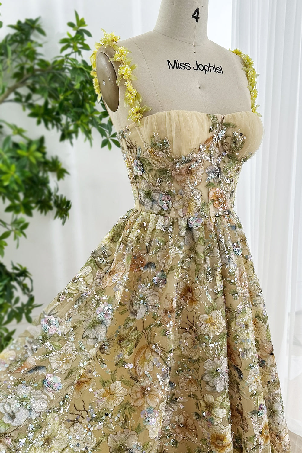 Floral Embroidered Tulle Midi Dress with Yellow Appliqué Straps