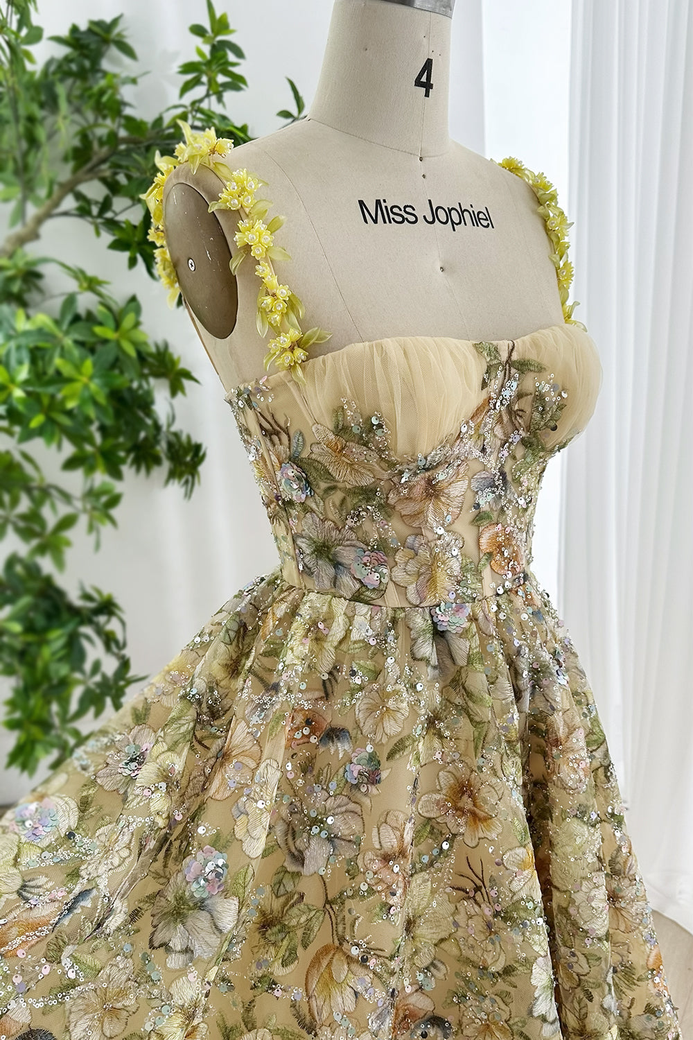 Floral Embroidered Tulle Midi Dress with Yellow Appliqué Straps