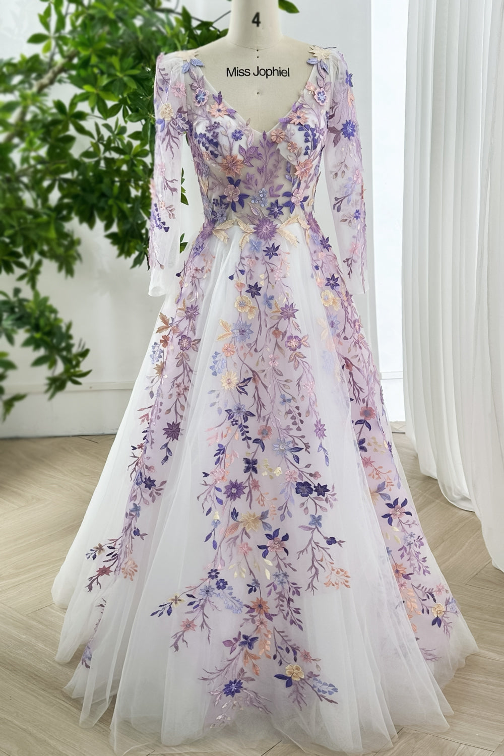 V Neck Lavender Floral Embroidered Long Sleeve Wedding Dress, Miss Jophiel Bridal Gown Custom Color / Floor Length / US10
