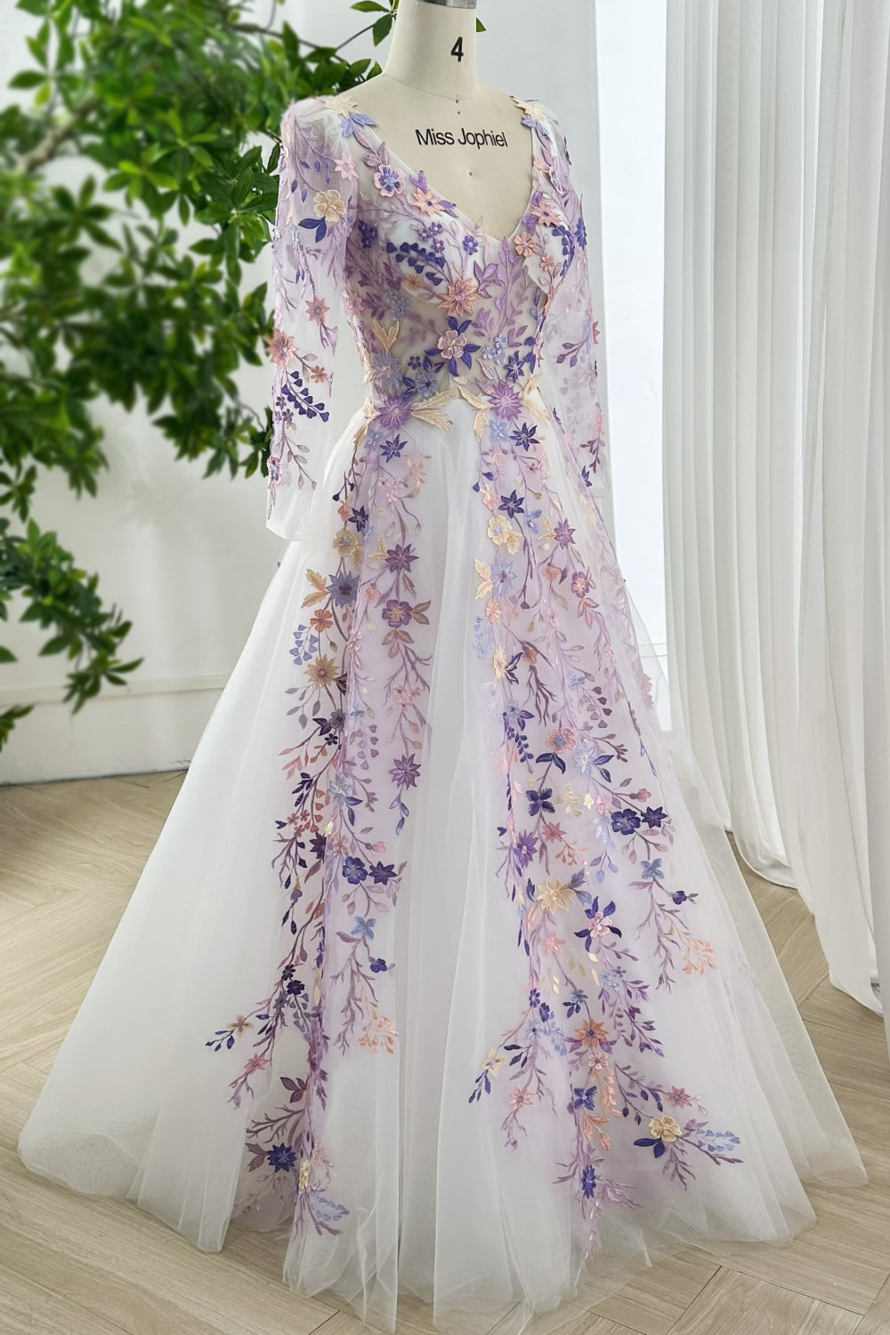 V Neck Lavender Floral Embroidered Long Sleeve Wedding Dress, Miss Jophiel Bridal Gown Lavender / Above Knee / US10