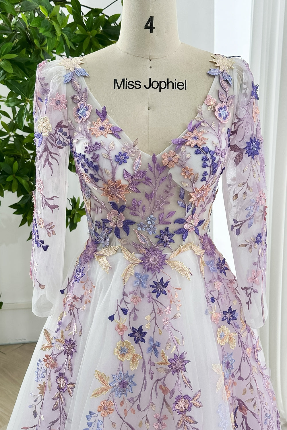 Fairytale multicolor embroidered illusion bodice gown sheer long sleeves floral motifs floor length tulle skirt perfect bridesmaids prom occasions