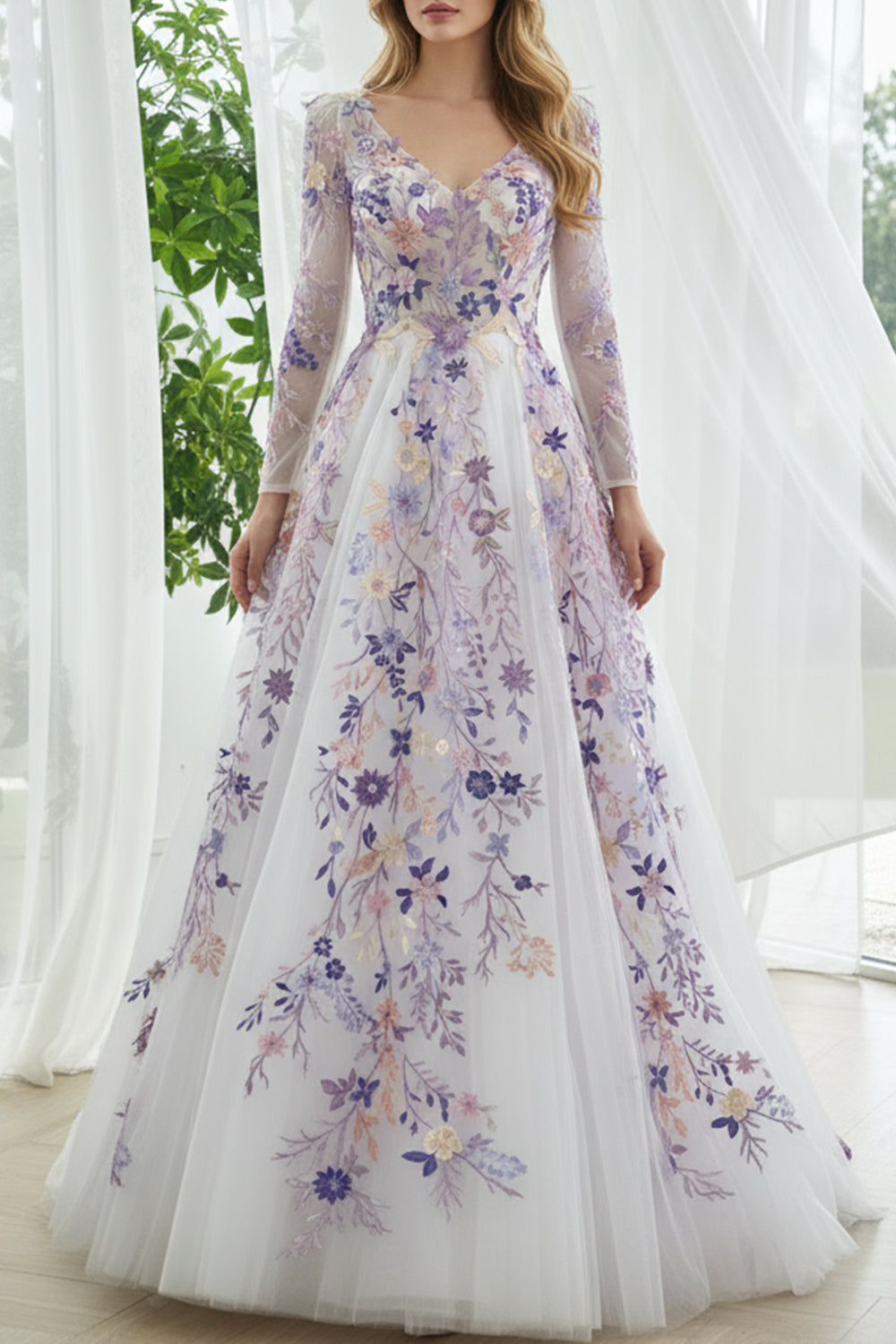 Lavender Floral Embroidered Tulle Evening Gown