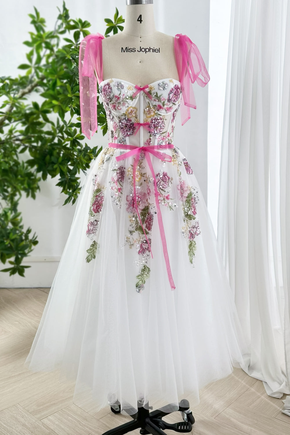 Romantic Floral Embroidered Tulle Midi Dress with Pink Ribbon