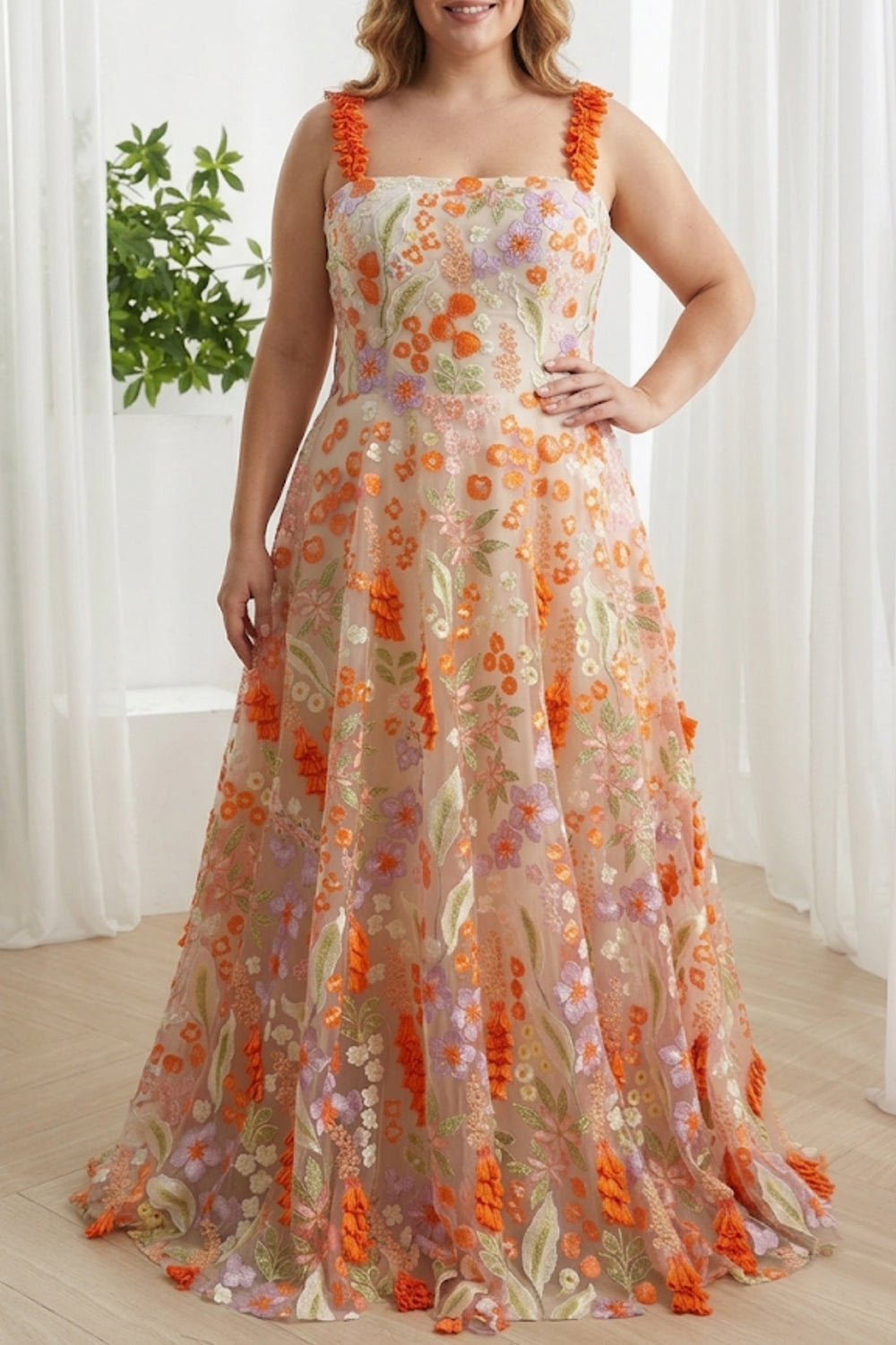 Floral Embroidered A-Line Midi Dress with Orange and Lilac Blooms