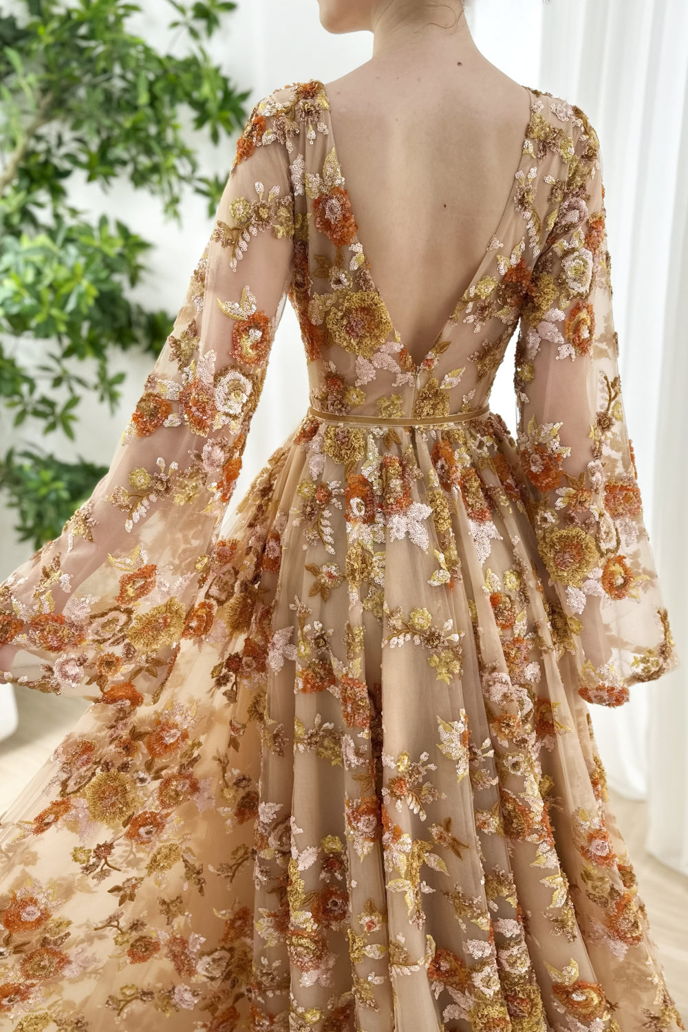 Backless-apricot tulle maxi wrap-bodice botanical-beadwork airy-bishop-arms dainty-tie belt graceful-drape