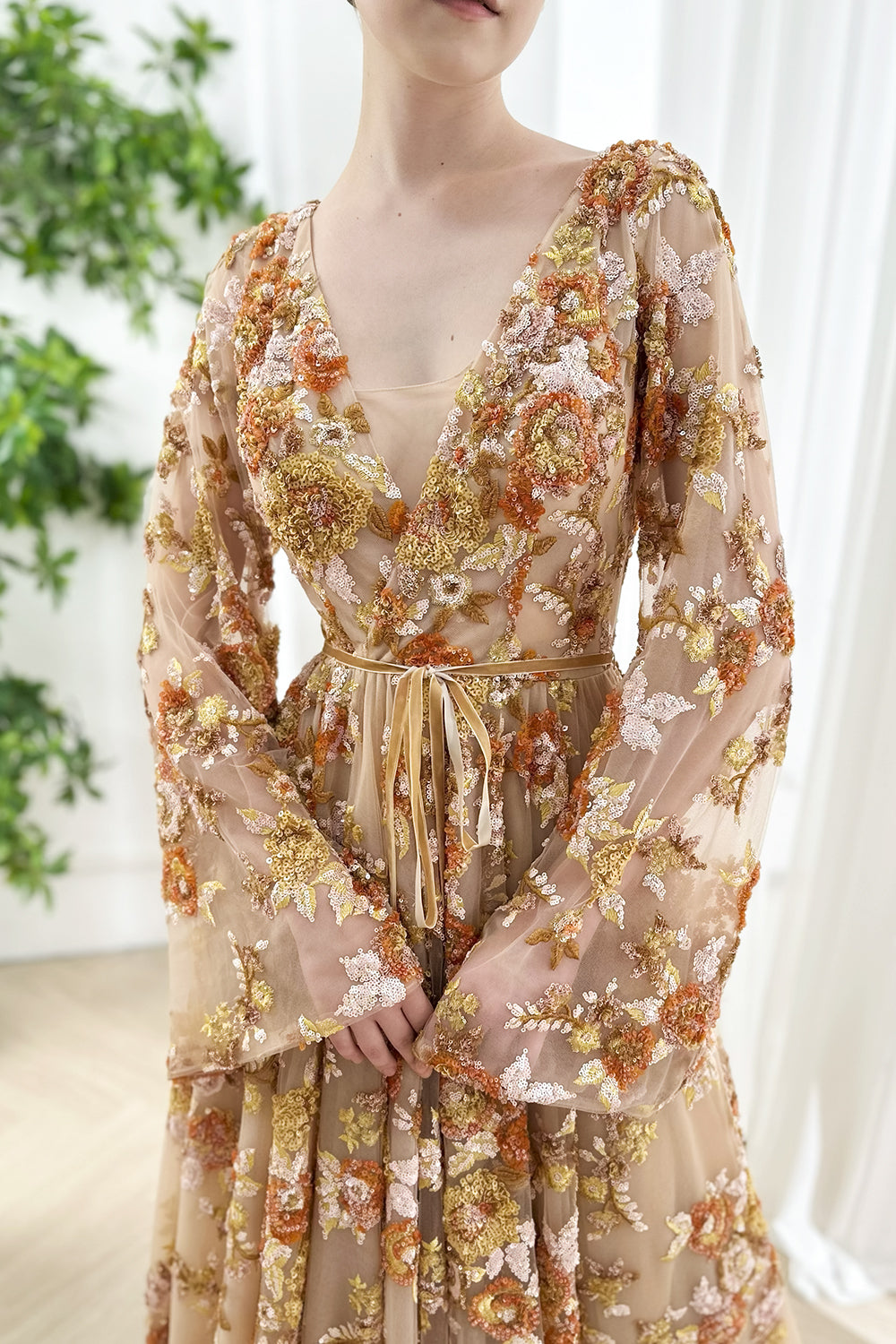 Opulent-marigold applique meshwork sheer-poet-limbcovers tonal-sparkles delicate-fastener twirl-ready-volume