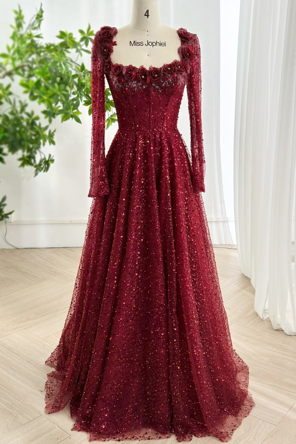 MissJophiel Corset Scoop Neck Long Sleeves Sequin Lace Dress