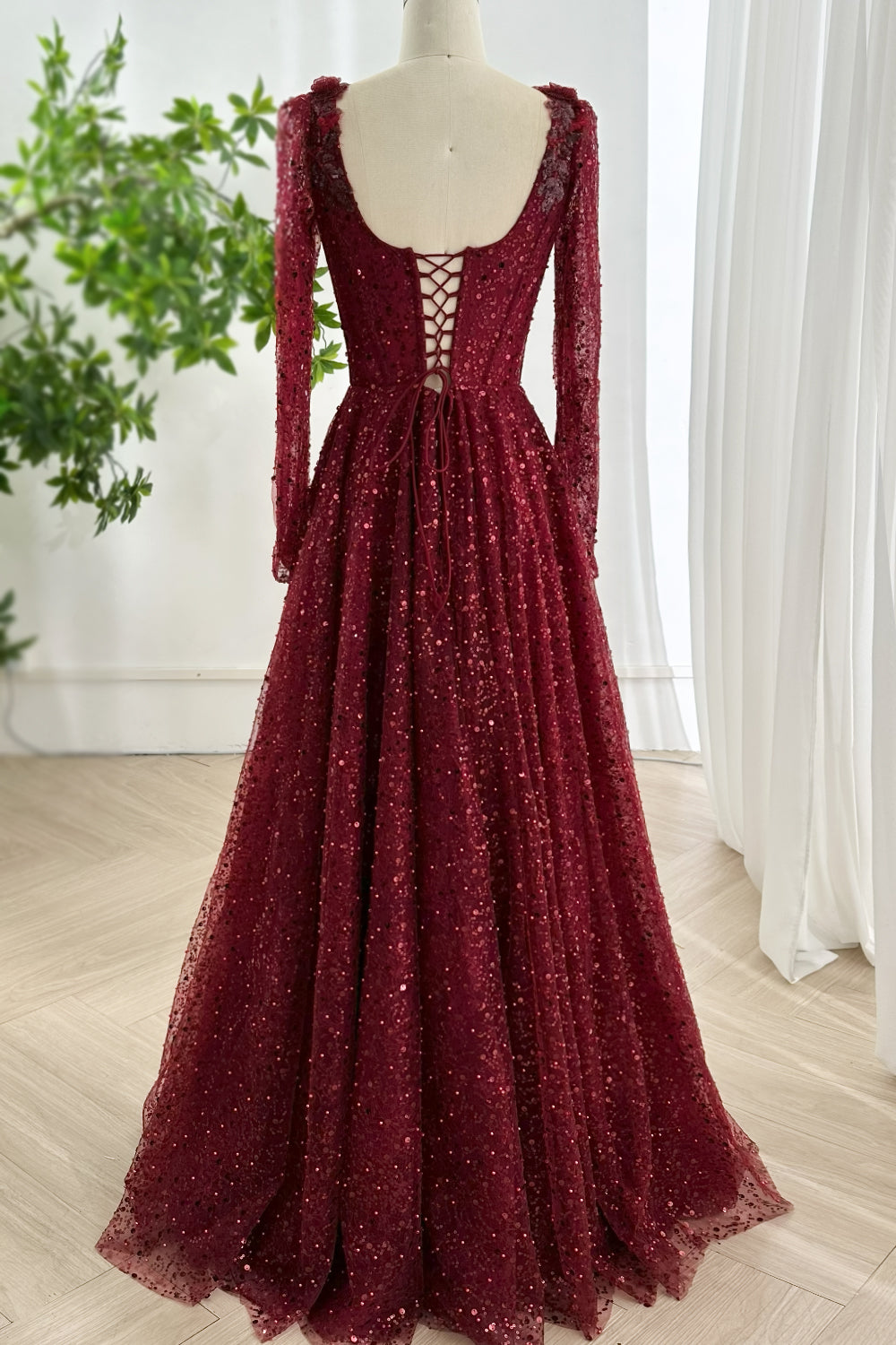 Corset Scoop Neck Long Sleeves Sequin Lace Dress