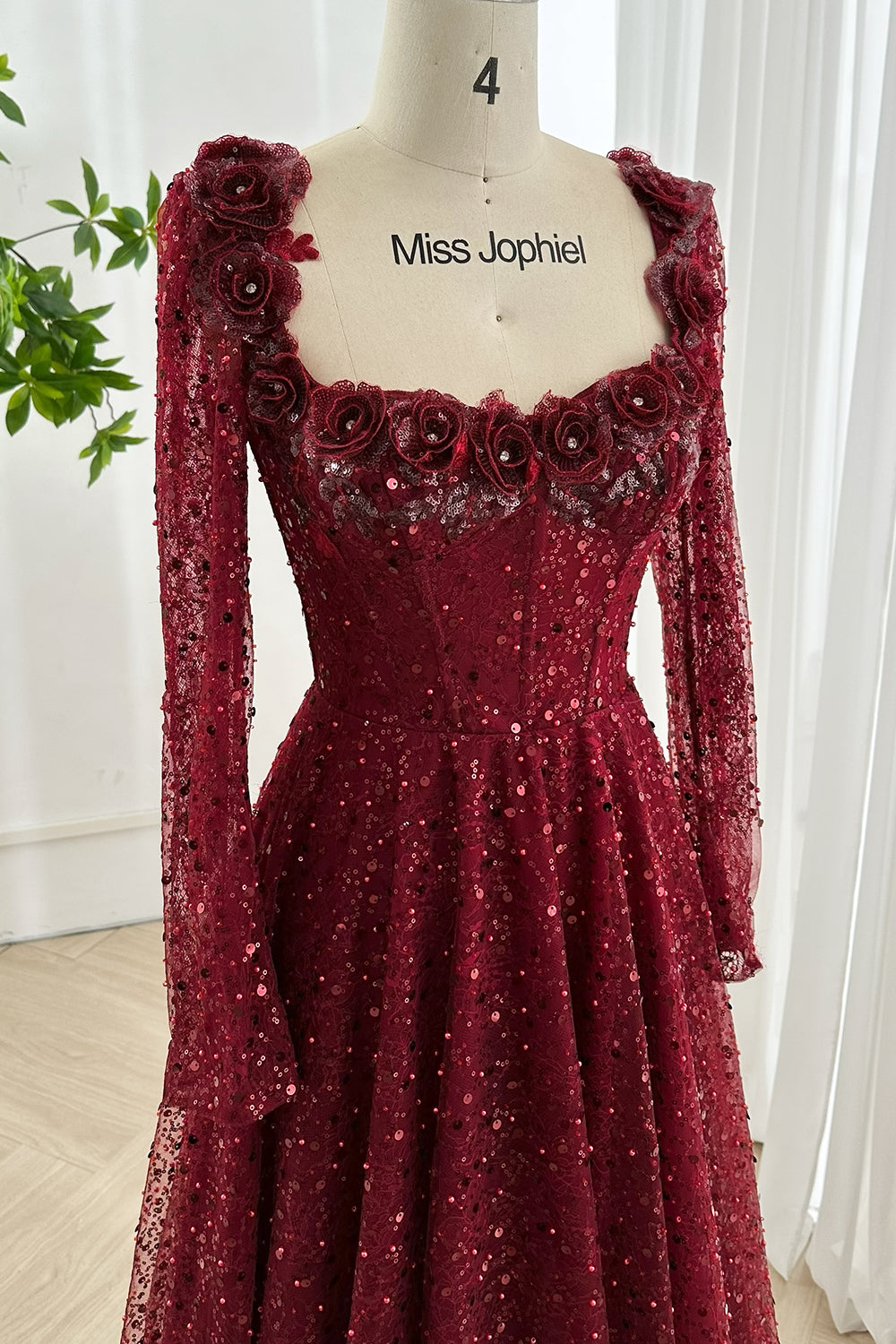 Corset Scoop Neck Long Sleeves Sequin Lace Dress