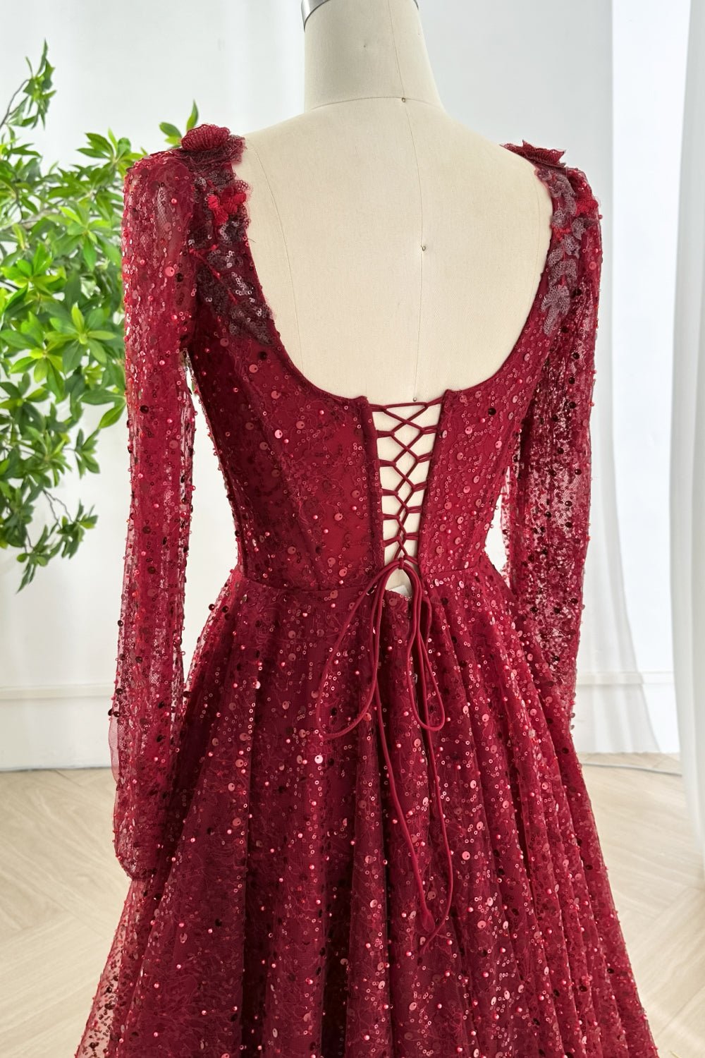 Corset Scoop Neck Long Sleeves Sequin Lace Dress