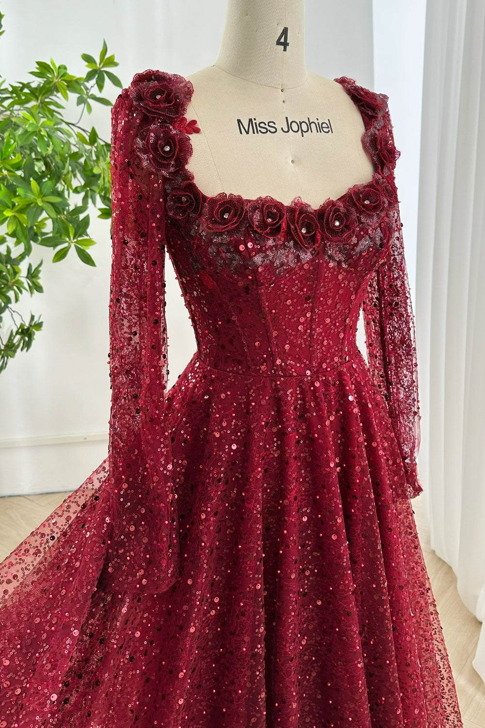 MissJophiel Corset Scoop Neck Long Sleeves Sequin Lace Dress