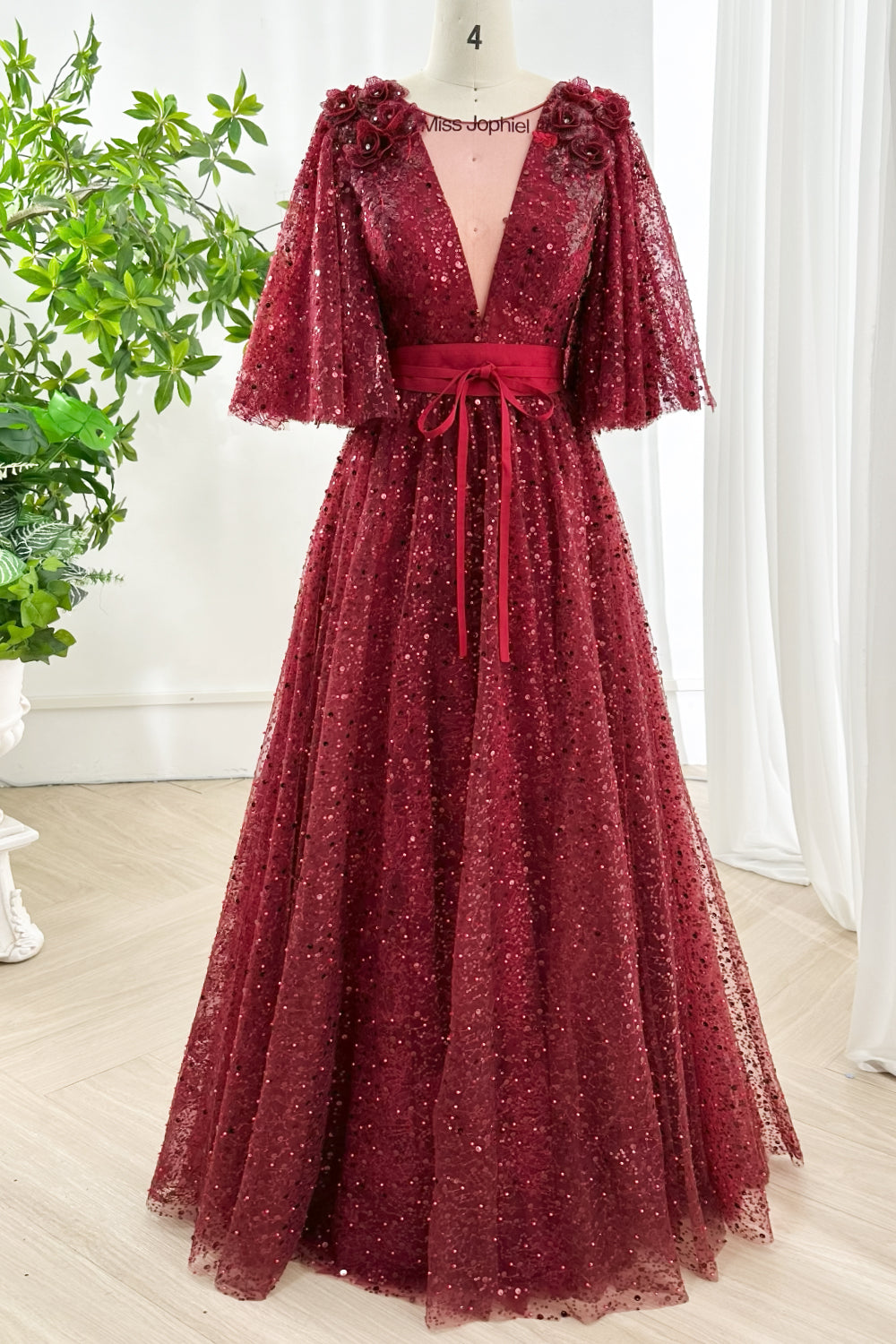 MissJophiel Illusion V Neck Half Sleeves Sequin Lace Dress