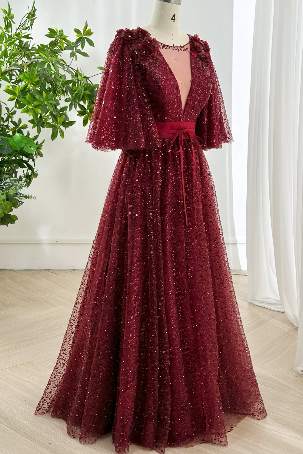 Illusion V Neck Half Sleeves Sequin Lace Dress