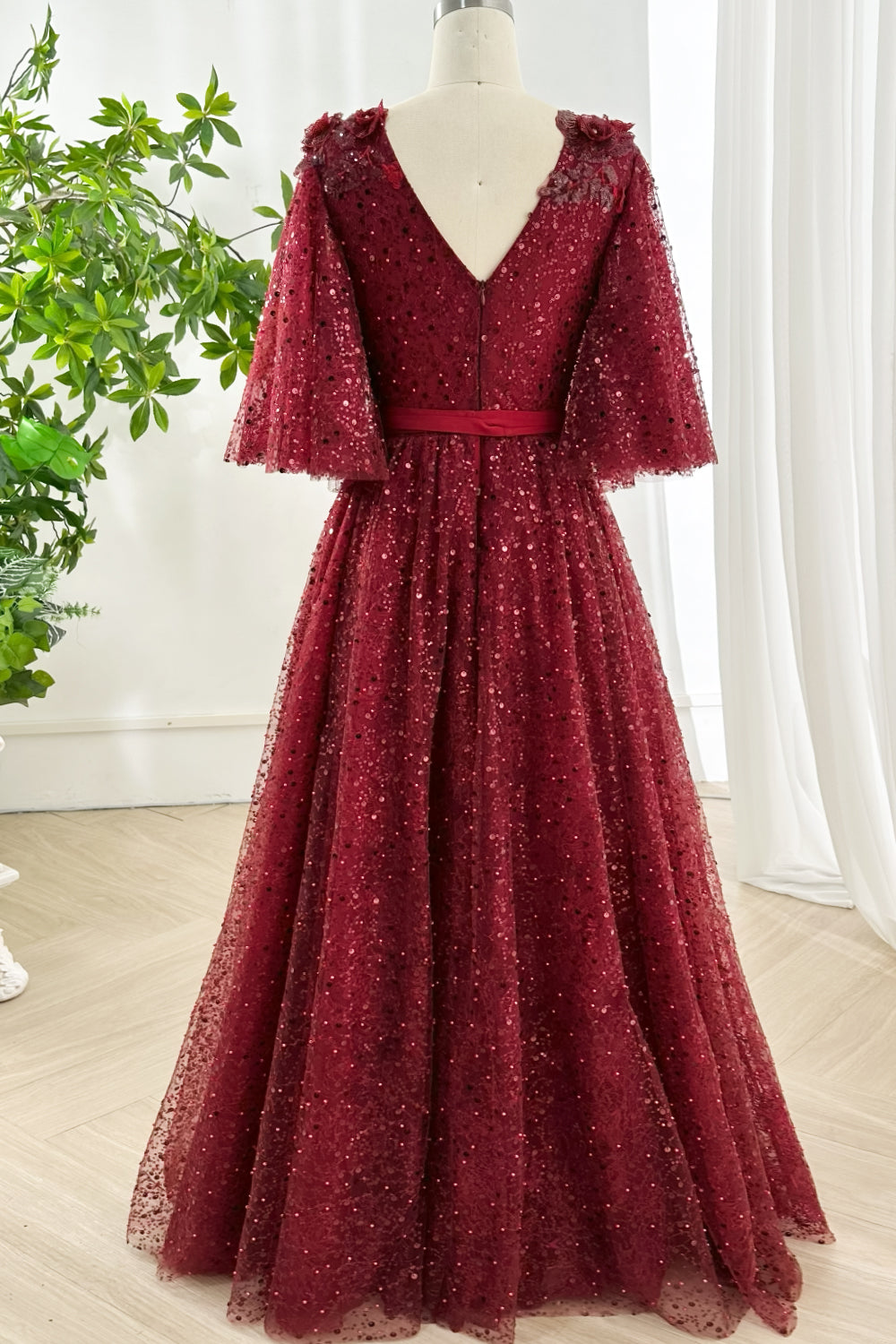 Illusion V Neck Half Sleeves Sequin Lace Dress