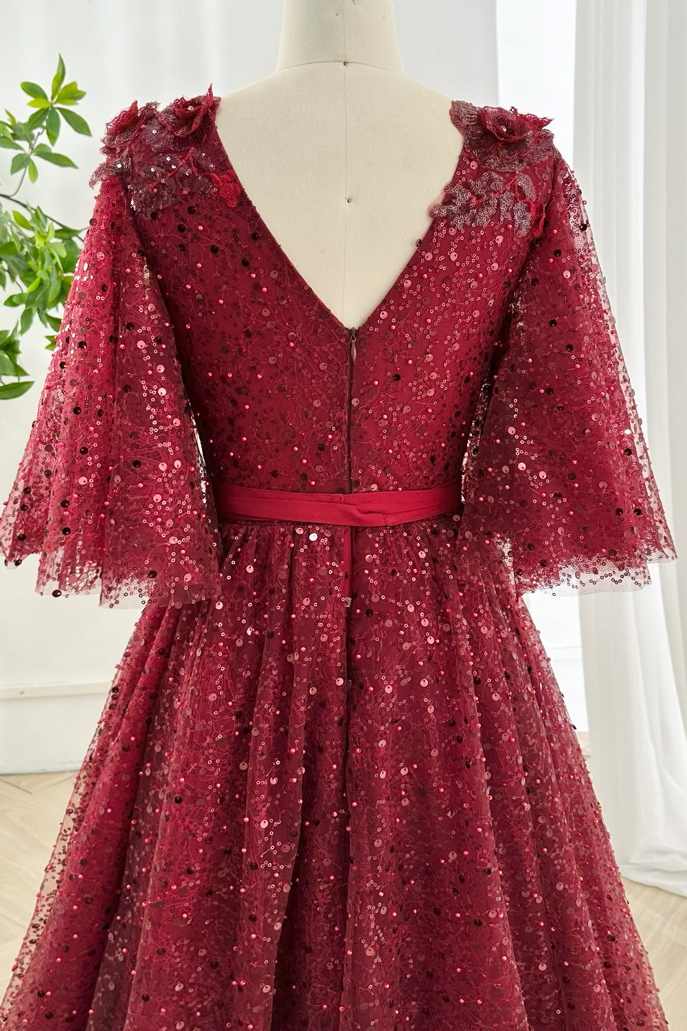 Illusion V Neck Half Sleeves Sequin Lace Dress