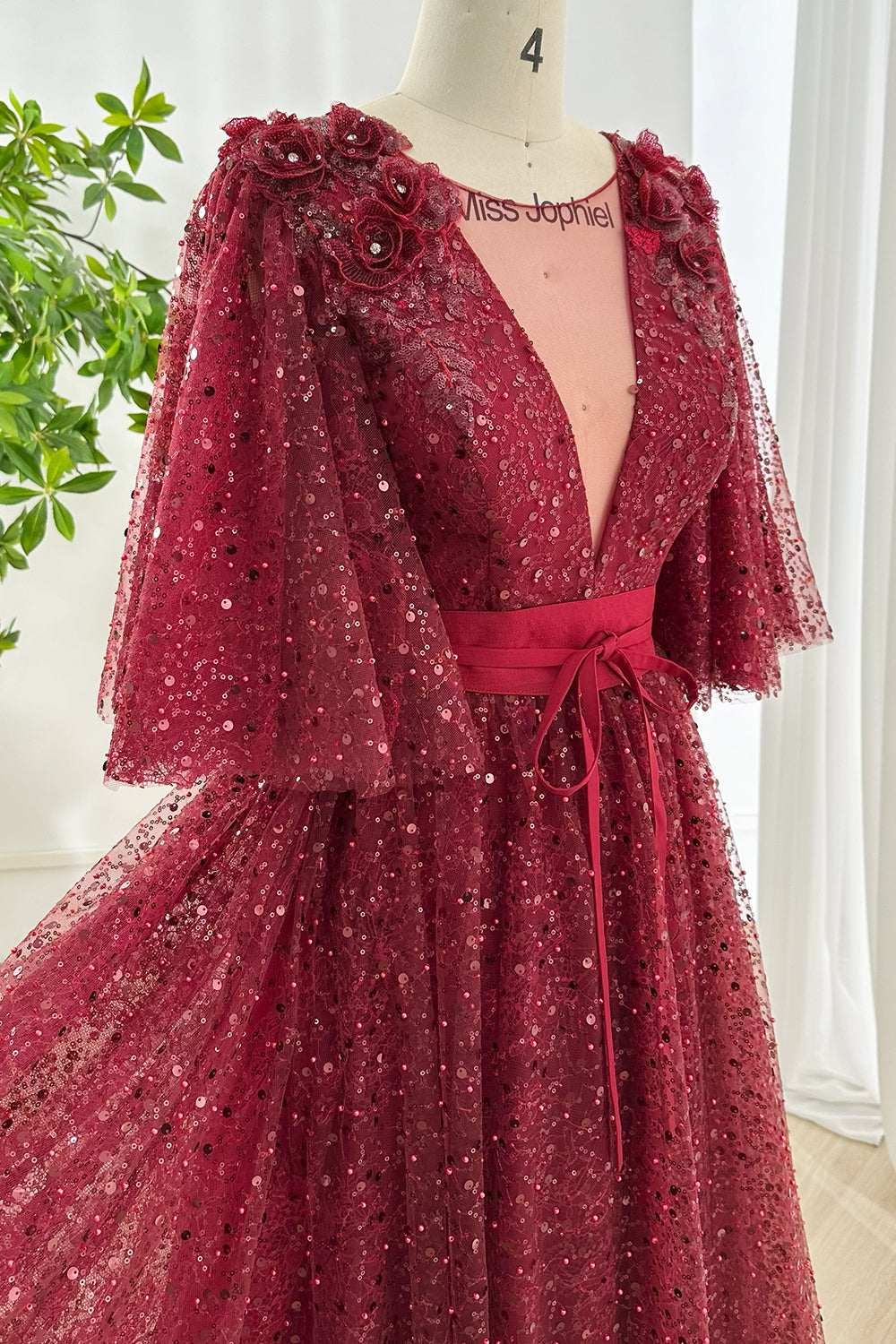 MissJophiel Illusion V Neck Half Sleeves Sequin Lace Dress