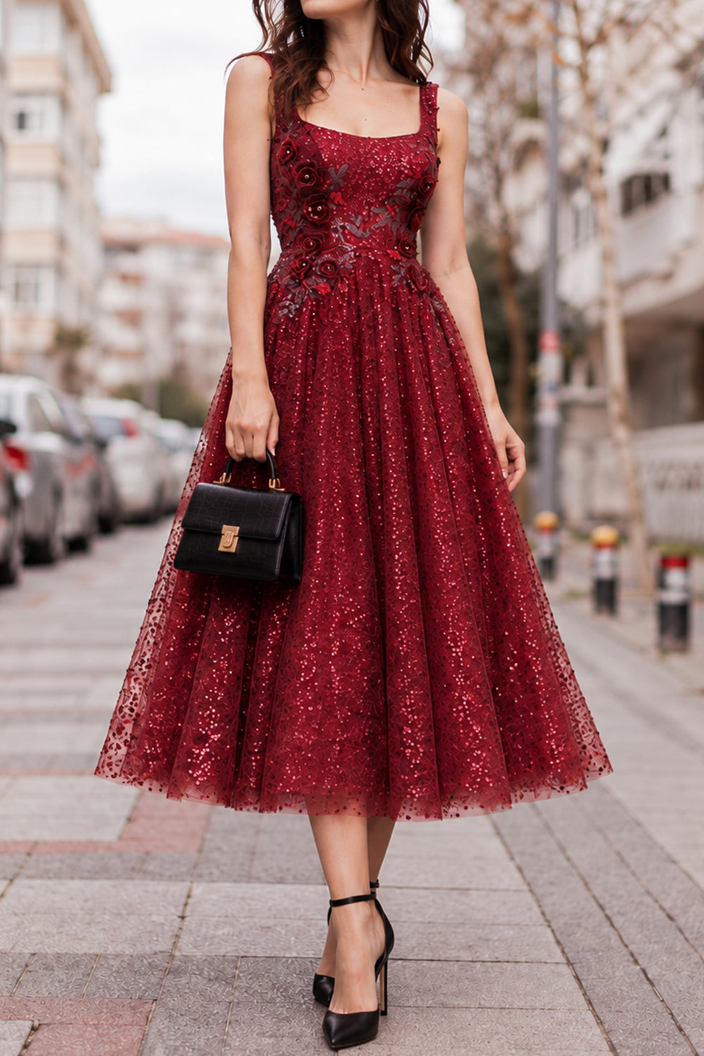 Burgundy 3D Geblümtes Pailletten Corsagen-Abschlussballkleid in Teelänge