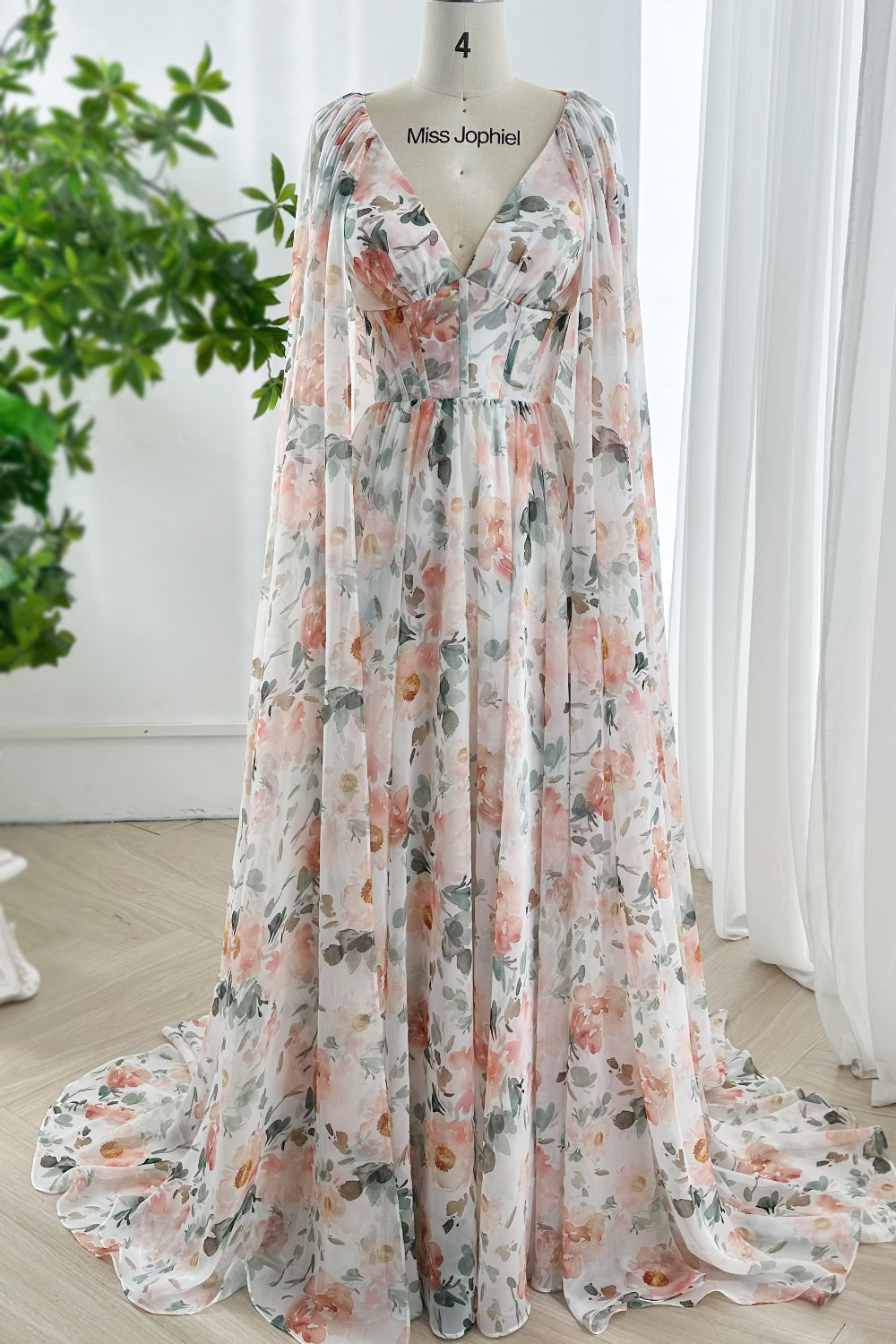 Floral Chiffon V-Neck Corset Gown with Cape Sleeves | Miss Jophiel Peach Blush Watercolor Floral / Floor Length / US6 Floral Chiffon V-Neck Corset Gown with Cape Sleeves | Miss Jophiel Peach Blush Watercolor Floral / Floor Length / US6