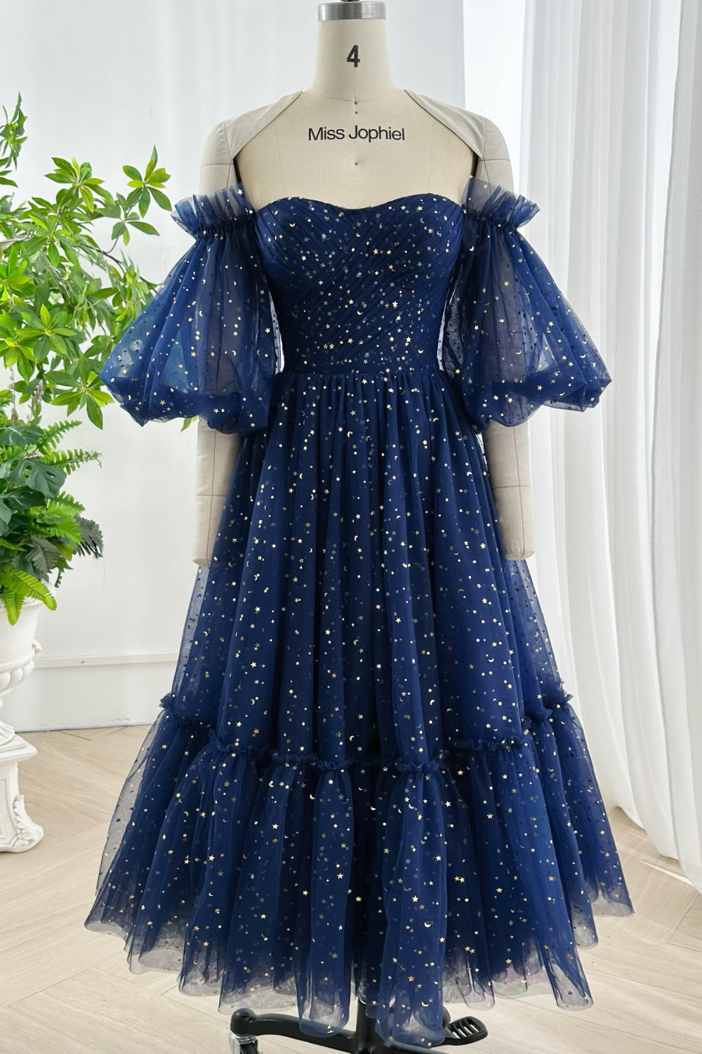 Celestial Navy Off-Shoulder Star Mesh Dress