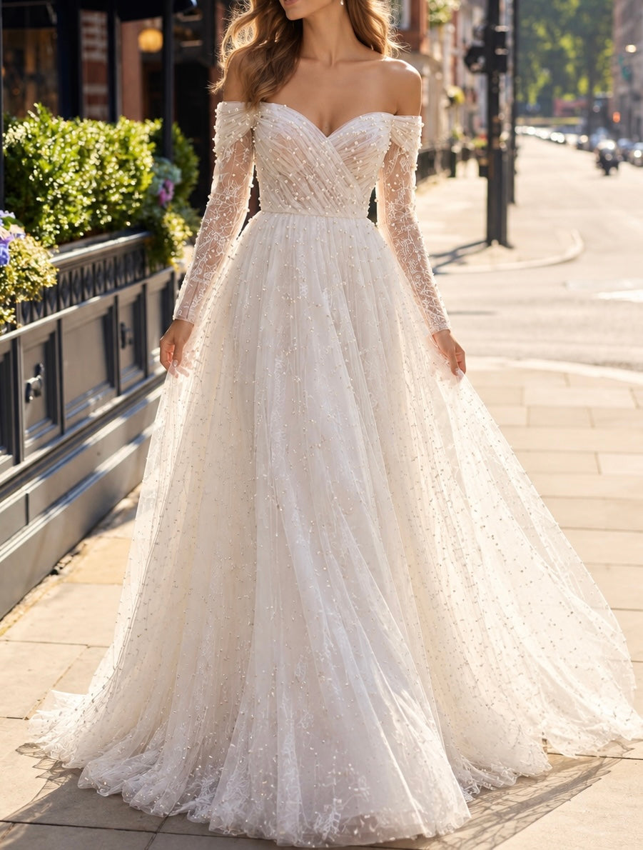 Off-Shoulder Pearl Embellished Lace Wedding Dress Long Sleeves