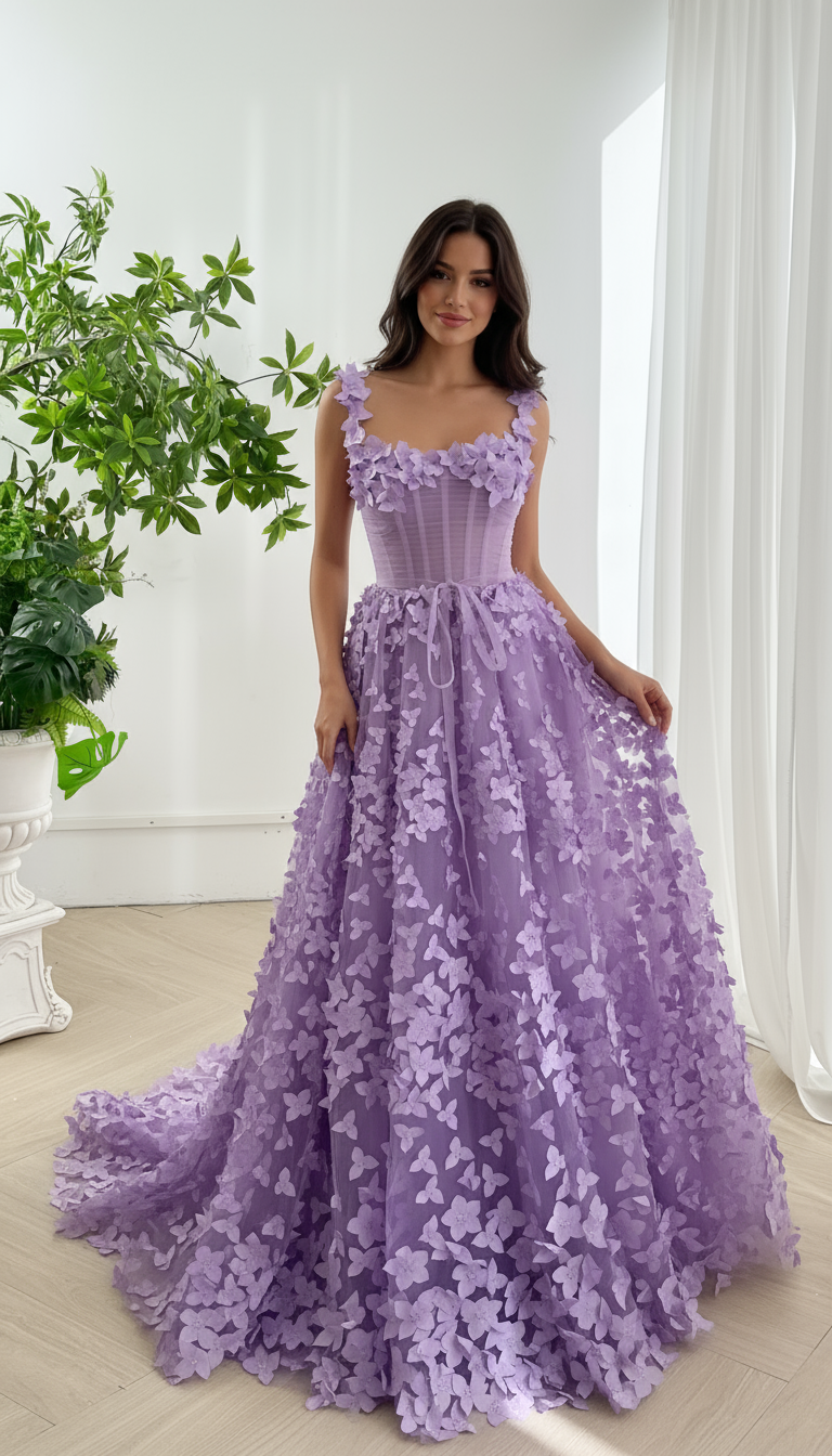 Model wearing lavender A-line tulle gown with handmade floral appliqués and lace-up back creating ethereal romantic elegance
