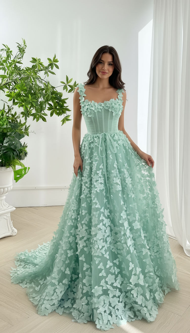 Model in mint green tulle floral corset gown with flowing skirt floral appliqués ideal for spring photoshoot and elegant event