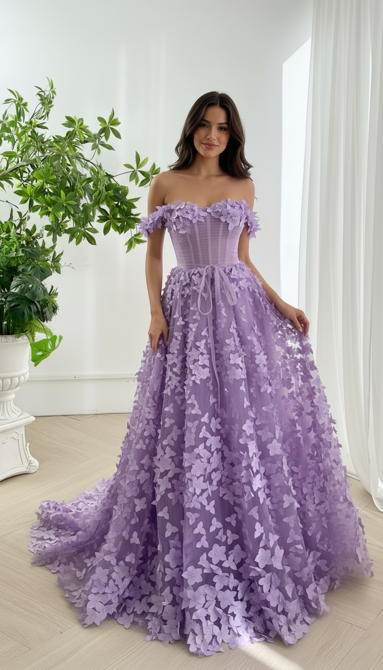 Lavender off shoulder floral corset ball gown with handmade petals soft tulle layers graceful silhouette for romantic occasions