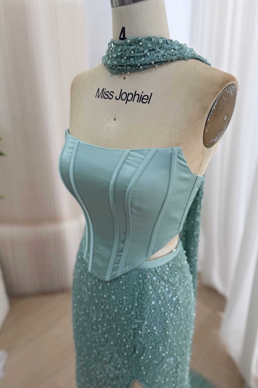 Olive Green Two-Piece Corset and Beaded Skirt Set