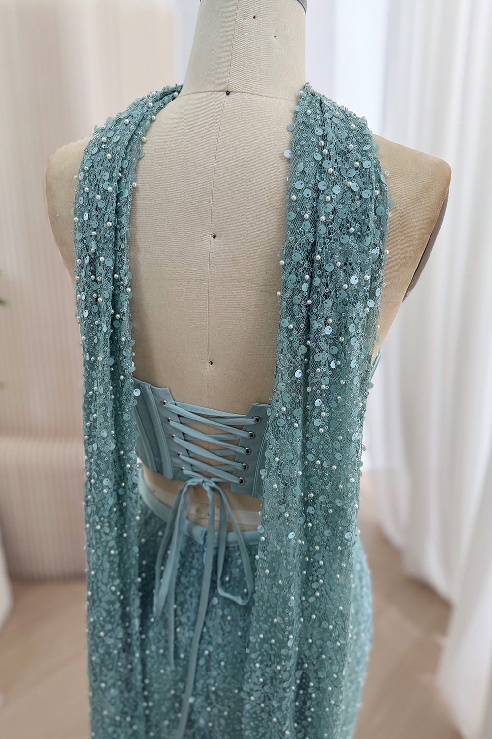 Olive Green Two-Piece Corset and Beaded Skirt Set