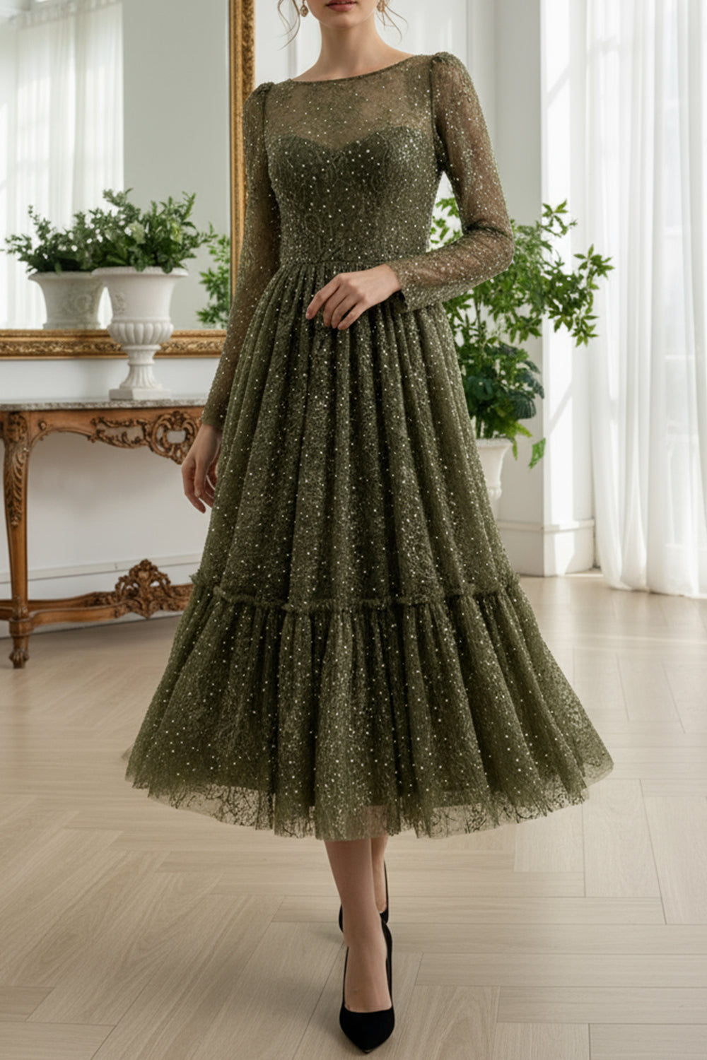 Olive Green Long Sleeve Sequin Lace Midi Dress
