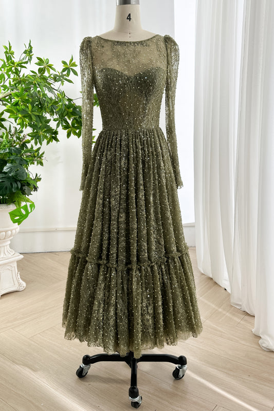 Olive green sequin lace long sleeve tea length midi dress displayed on mannequin with soft lighting for elegant evening occasions