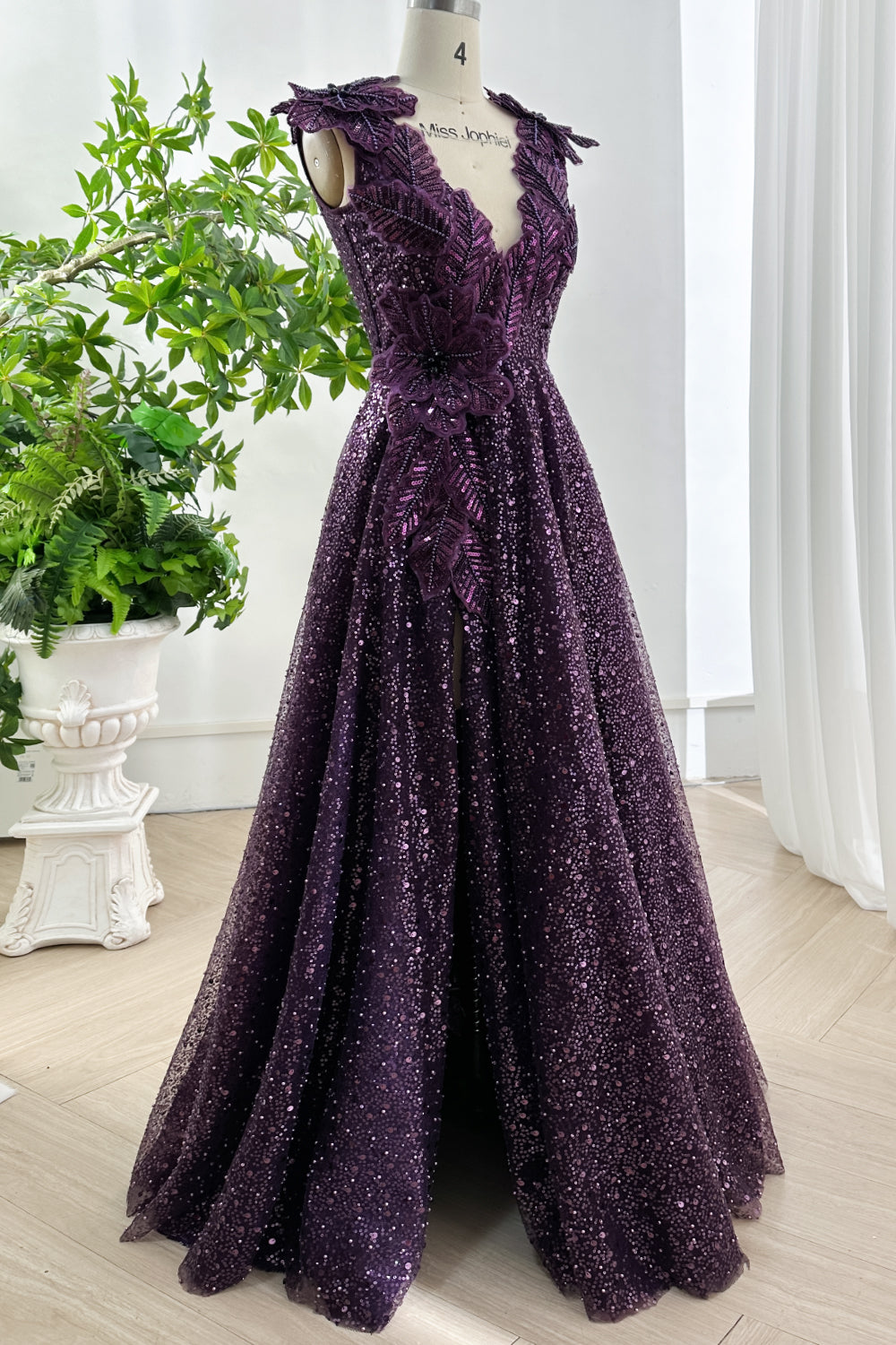 Deep Plum Sequin Evening Gown with 3D Floral Appliques | Miss Jophiel MissJophiel Deep Plum Sequin Evening Gown with 3D Floral Appliques | Miss Jophiel MissJophiel