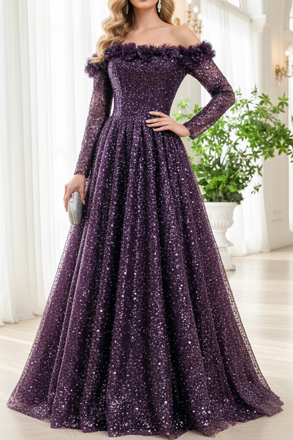 Dark Purple Off-Shoulder Sequin Gown Elegant Long Sleeve Evening Dress Plum / Floor Length / US20 Dark Purple Off-Shoulder Sequin Gown Elegant Long Sleeve Evening Dress Plum / Floor Length / US20