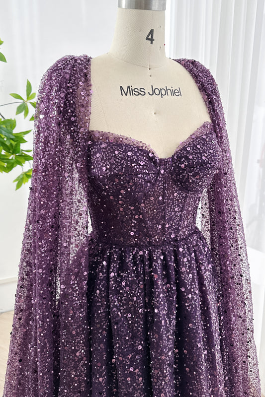 Close-up of plum sequin bustier evening dress featuring corset construction and shimmering details for formal occasion styling inspiration