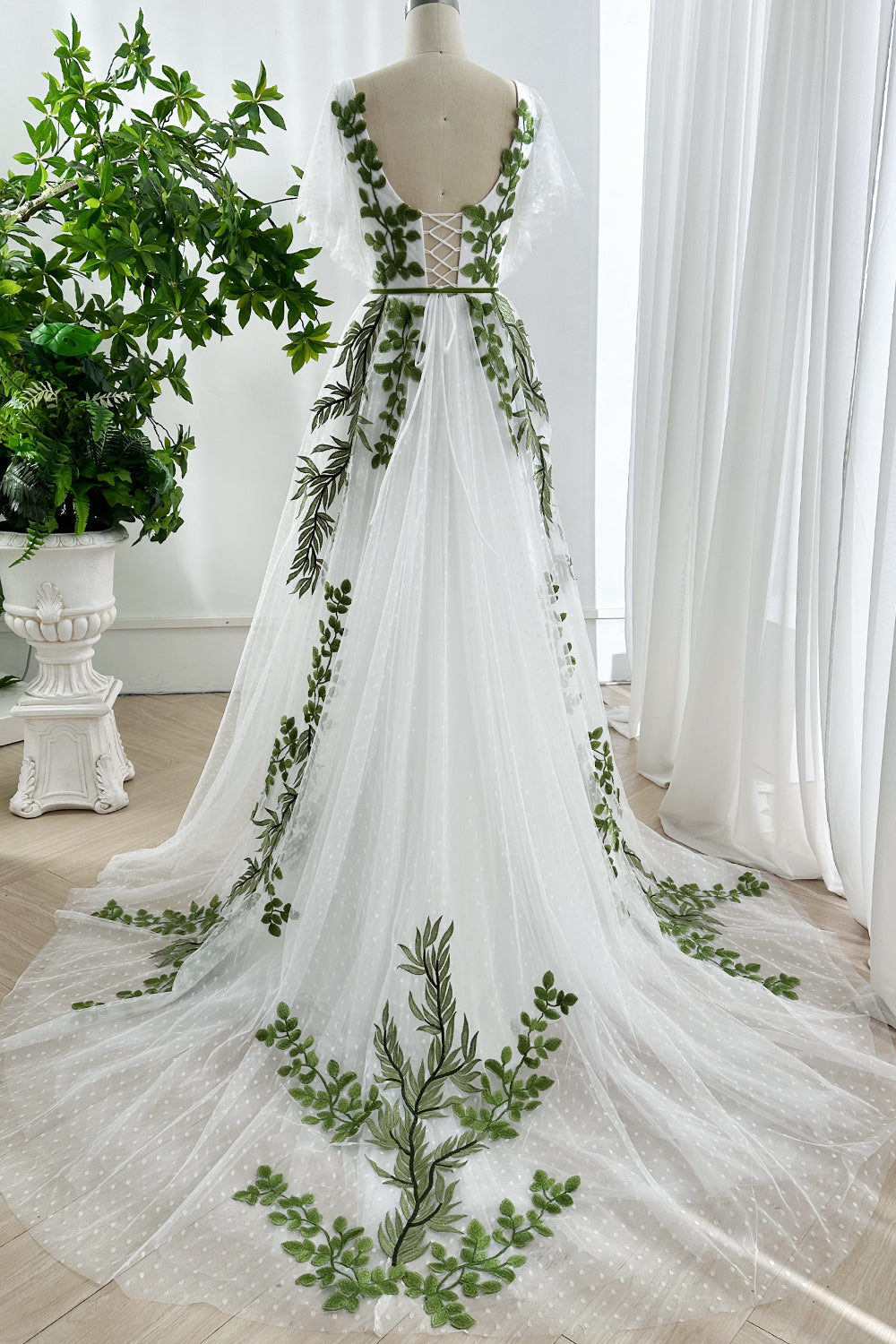 Green Leaf Embroidered White Tulle Gown with V-Neck and Flutter Sleeves Ivory / Above Knee / Custom Size