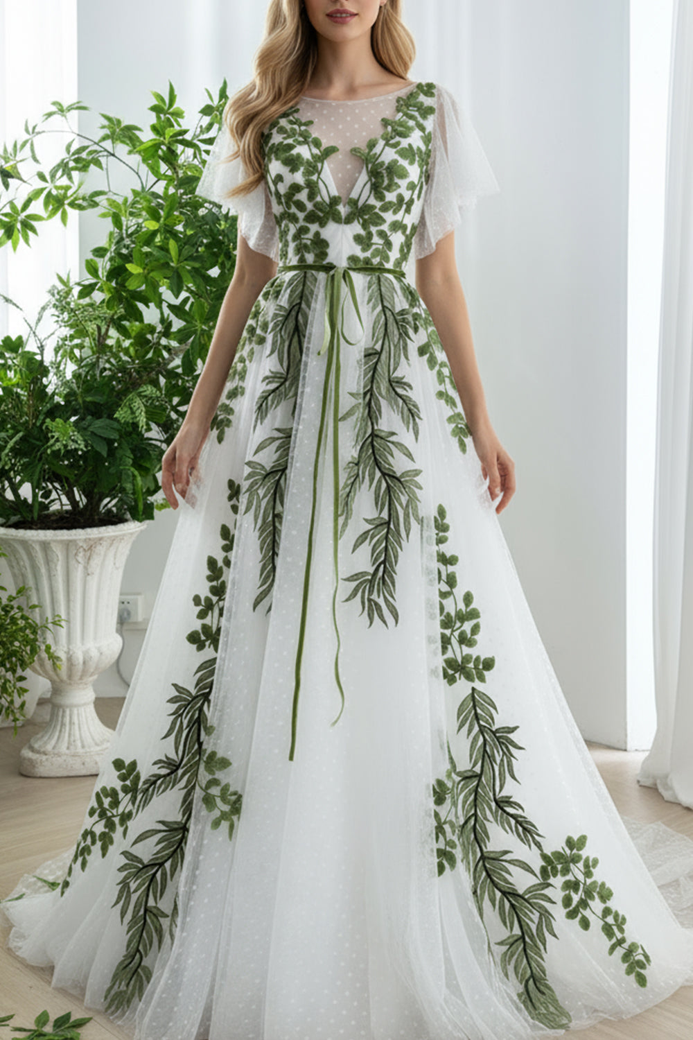 Green Leaf Embroidered White Tulle Gown with V-Neck and Flutter Sleeves Ivory / Above Knee / Custom Size Green Leaf Embroidered White Tulle Gown with V-Neck and Flutter Sleeves Ivory / Above Knee / Custom Size