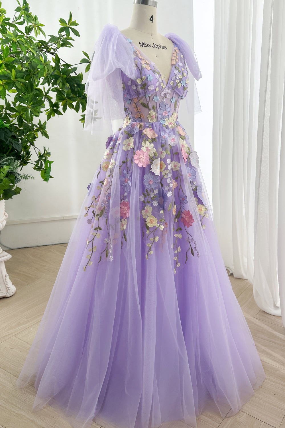 Lavender Floral Tulle Gown with Convertible Straps