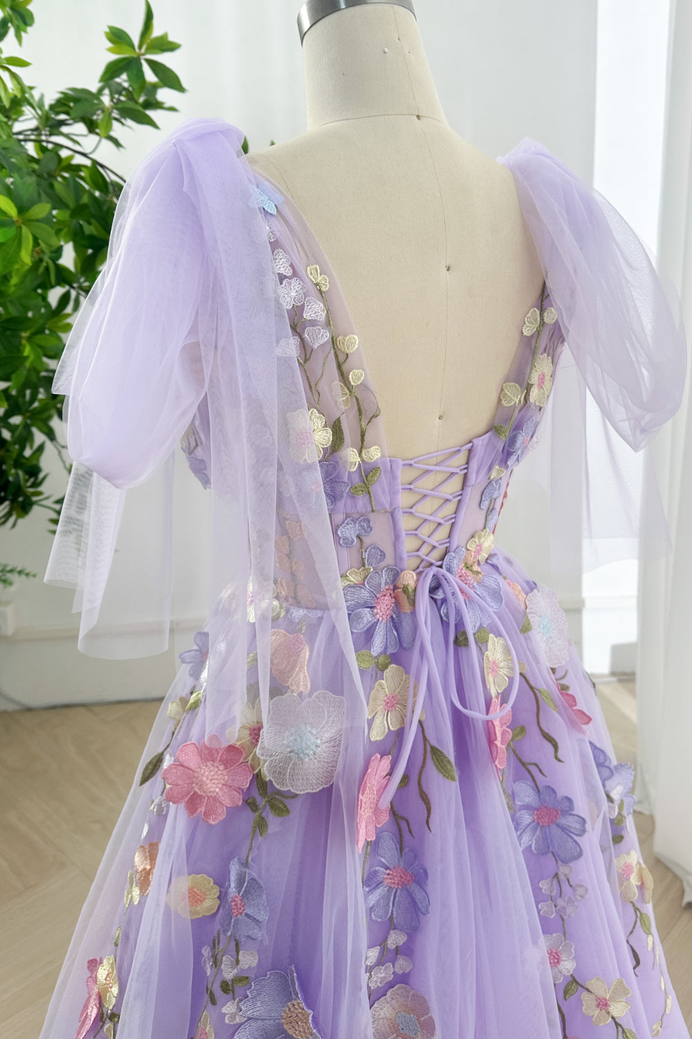 Lavender Floral Tulle Gown with Convertible Straps
