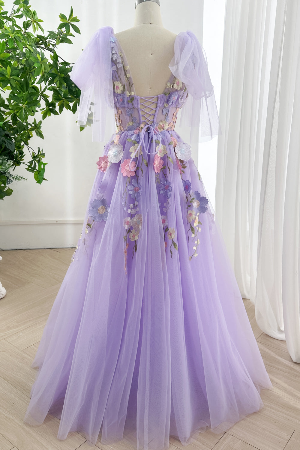Lavender Floral Tulle Gown with Convertible Straps