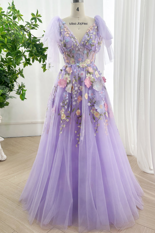Lavender Floral Tulle Gown with Convertible Straps