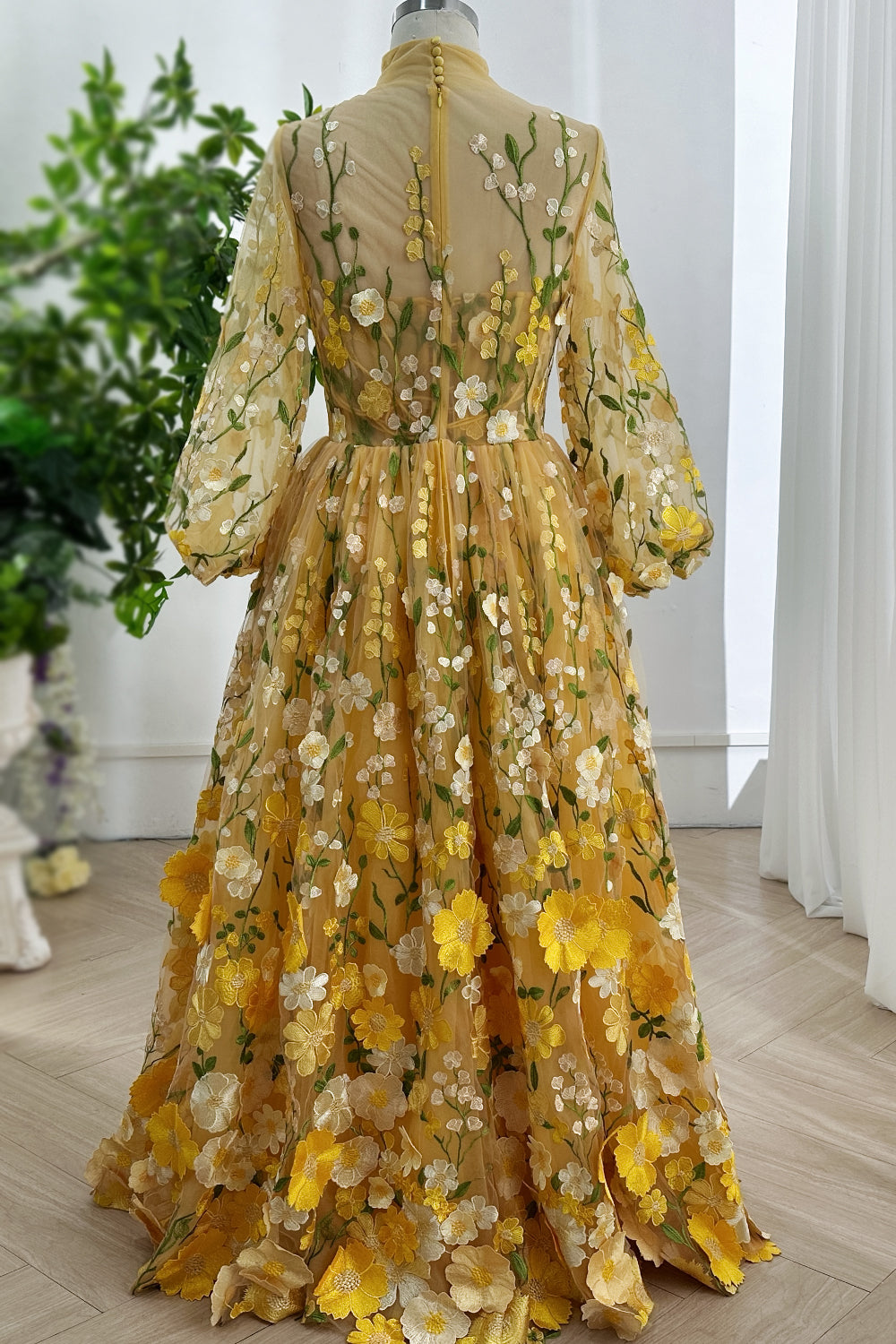 amberblossomtulleembroideredgownhighneckbackbuttondetailswhimsicalgardenmotifsoftsheerlayersromanticfemininitysunlitgraceaaay