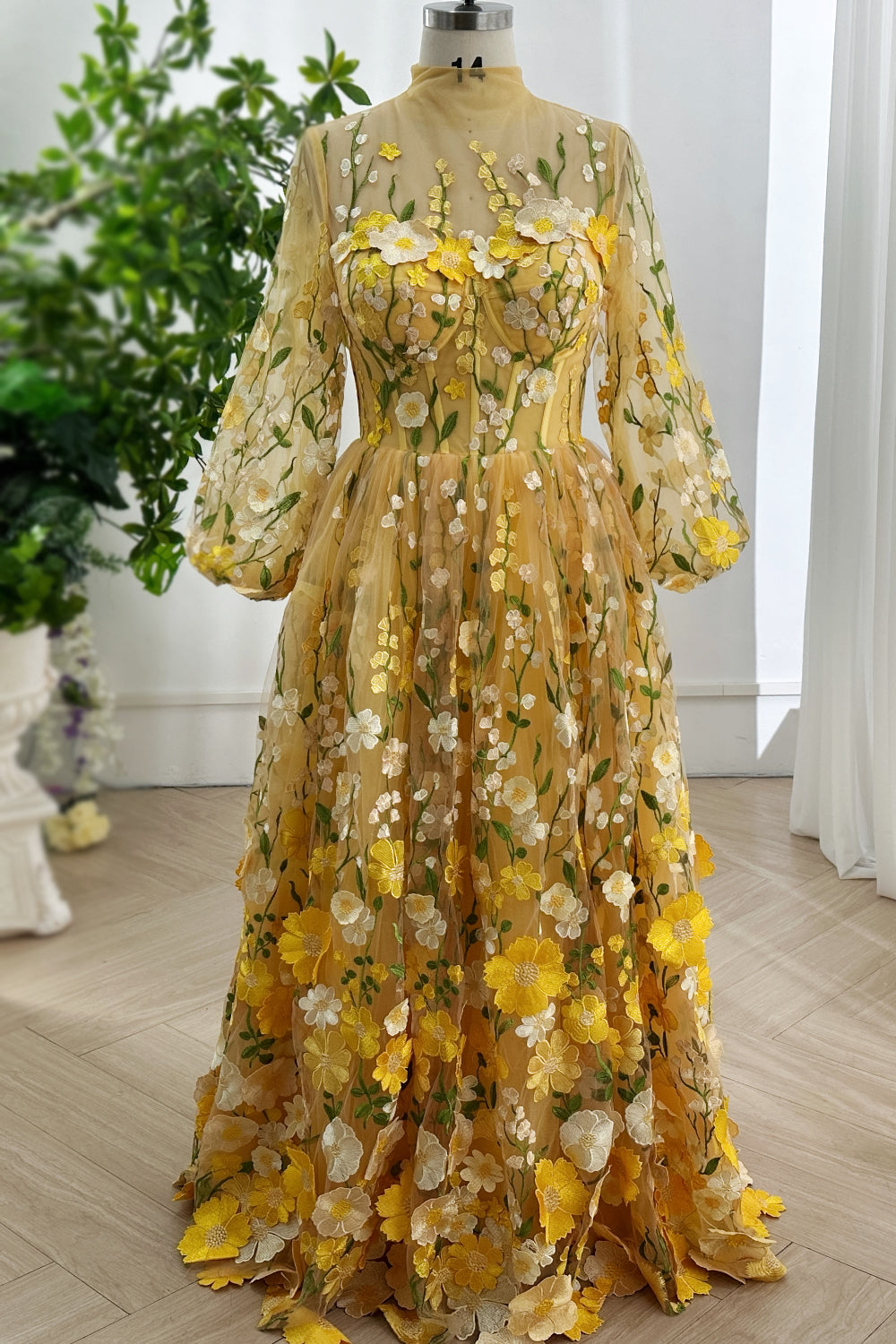 goldenyellowfloralembroideryballgowntulleillusionnecklinevoluminoussleevesgardeninspiredsilhouetteeleganceradiantbeautyshinex