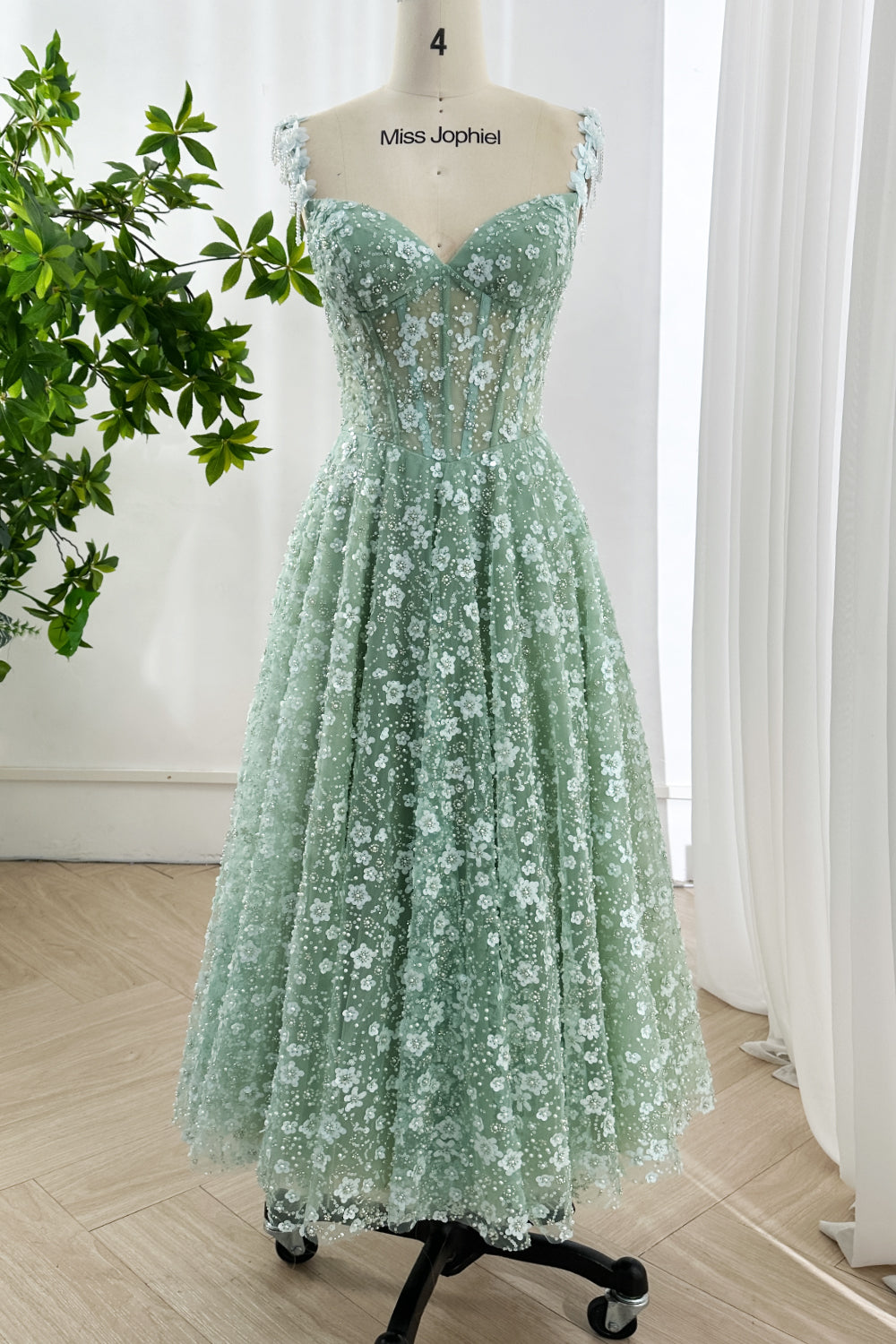 Mint Green Floral Applique Corset Tulle Midi Dress Custom Color / Tea Length / US2 Mint Green Floral Applique Corset Tulle Midi Dress Custom Color / Tea Length / US2