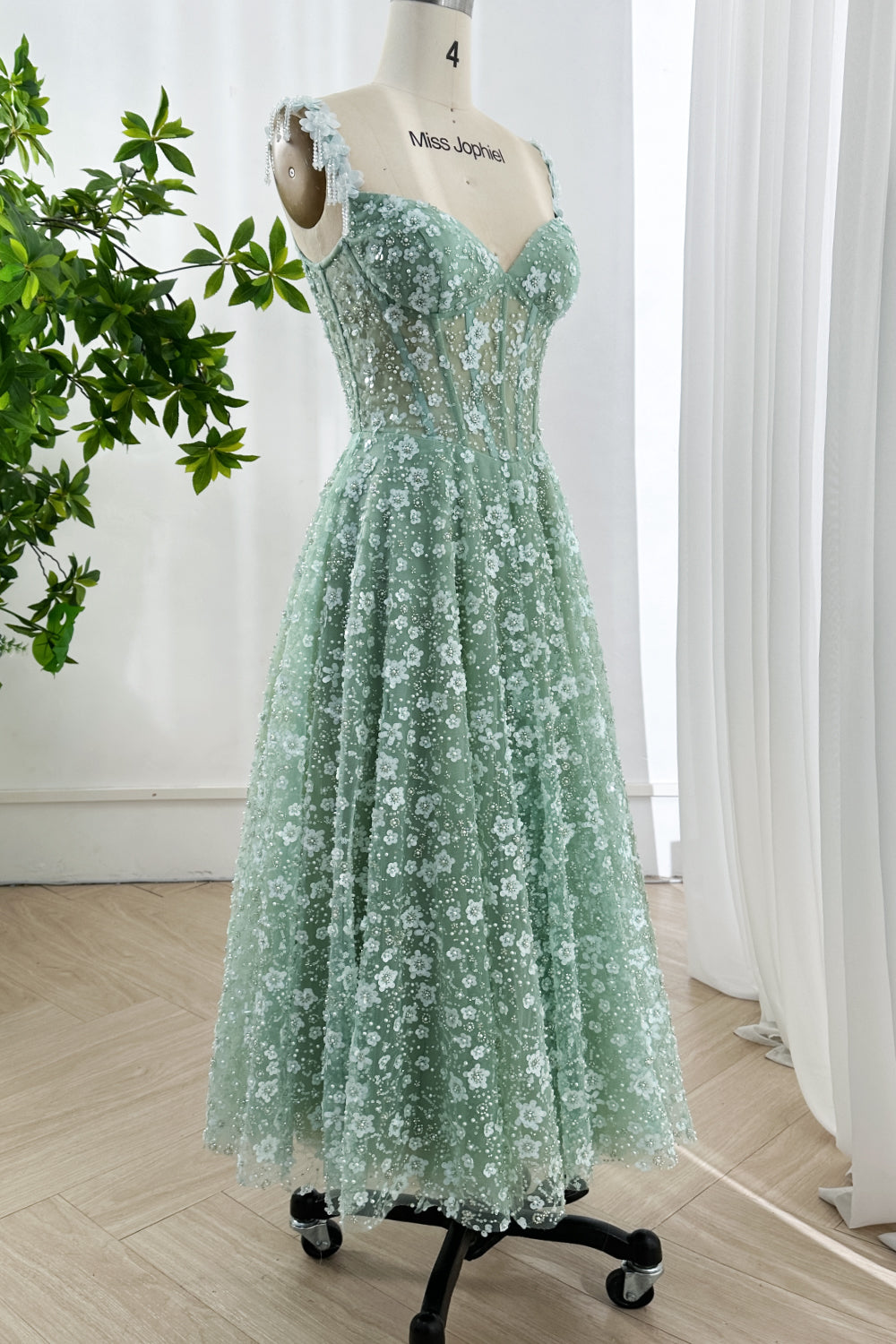 Mint Green Floral Applique Corset Tulle Midi Dress Custom Color / Tea Length / US2 Mint Green Floral Applique Corset Tulle Midi Dress Custom Color / Tea Length / US2