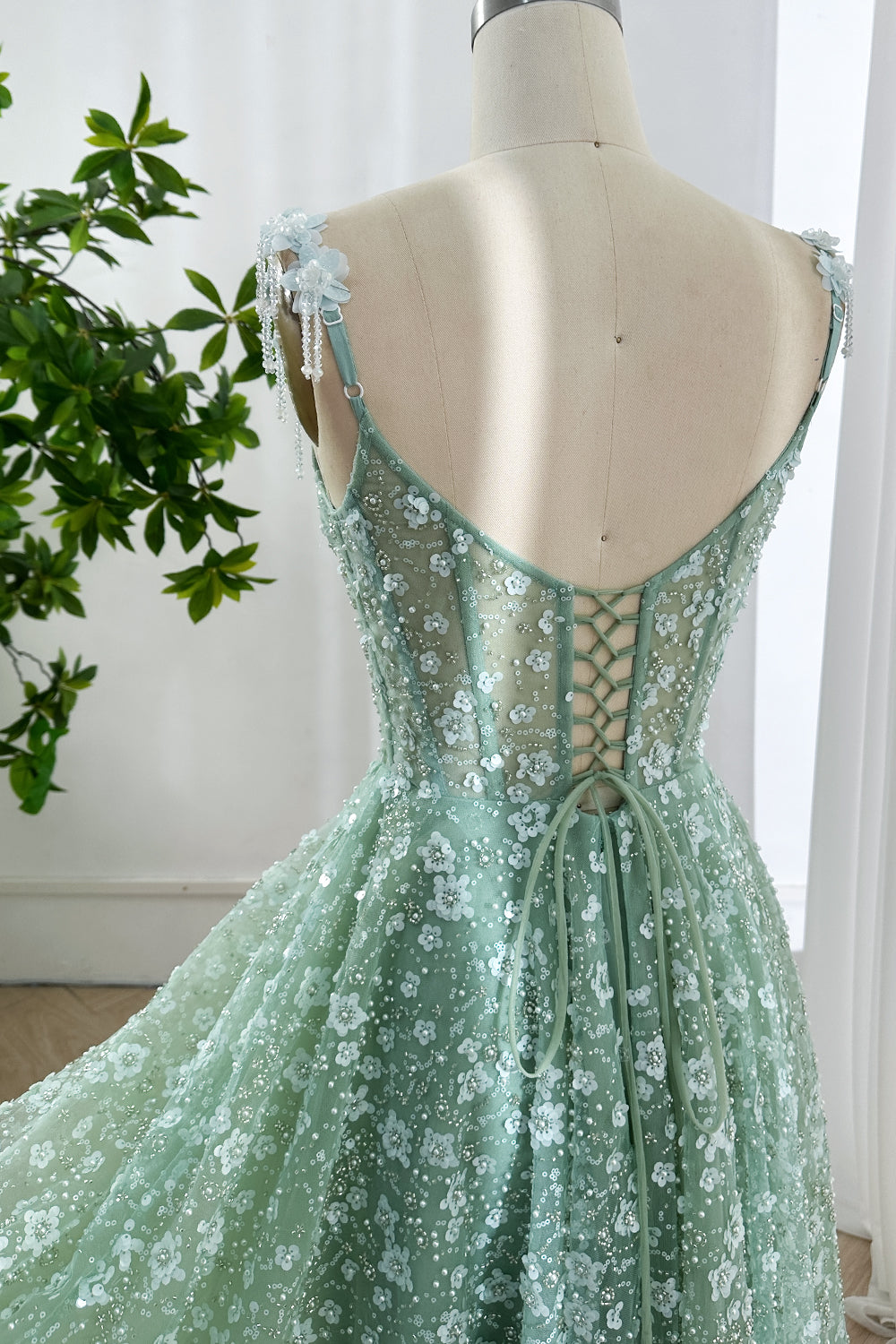 Mint Green Floral Applique Corset Tulle Midi Dress Custom Color / Tea Length / US2 Mint Green Floral Applique Corset Tulle Midi Dress Custom Color / Tea Length / US2