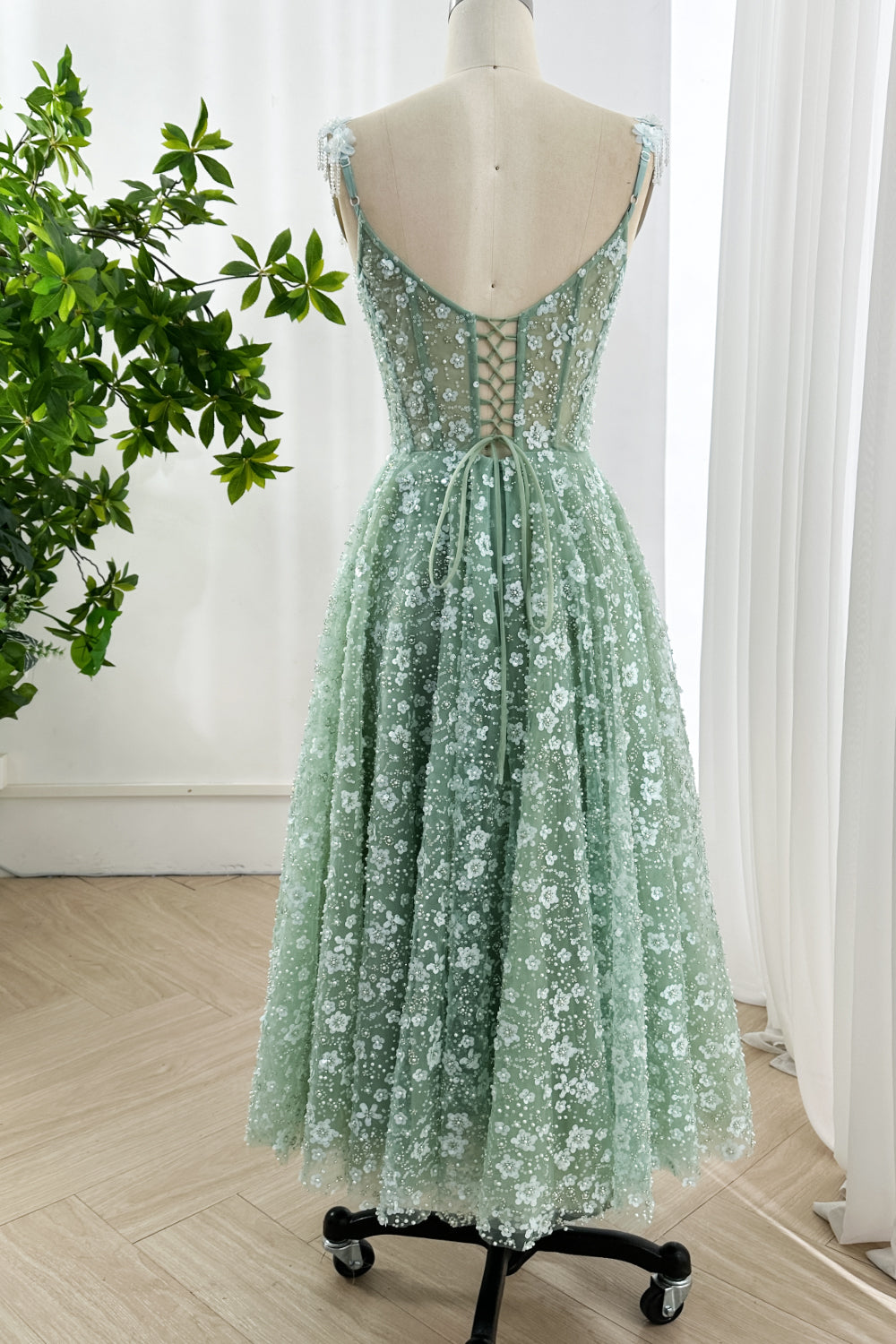 Mint Green Floral Applique Corset Tulle Midi Dress Custom Color / Tea Length / US2