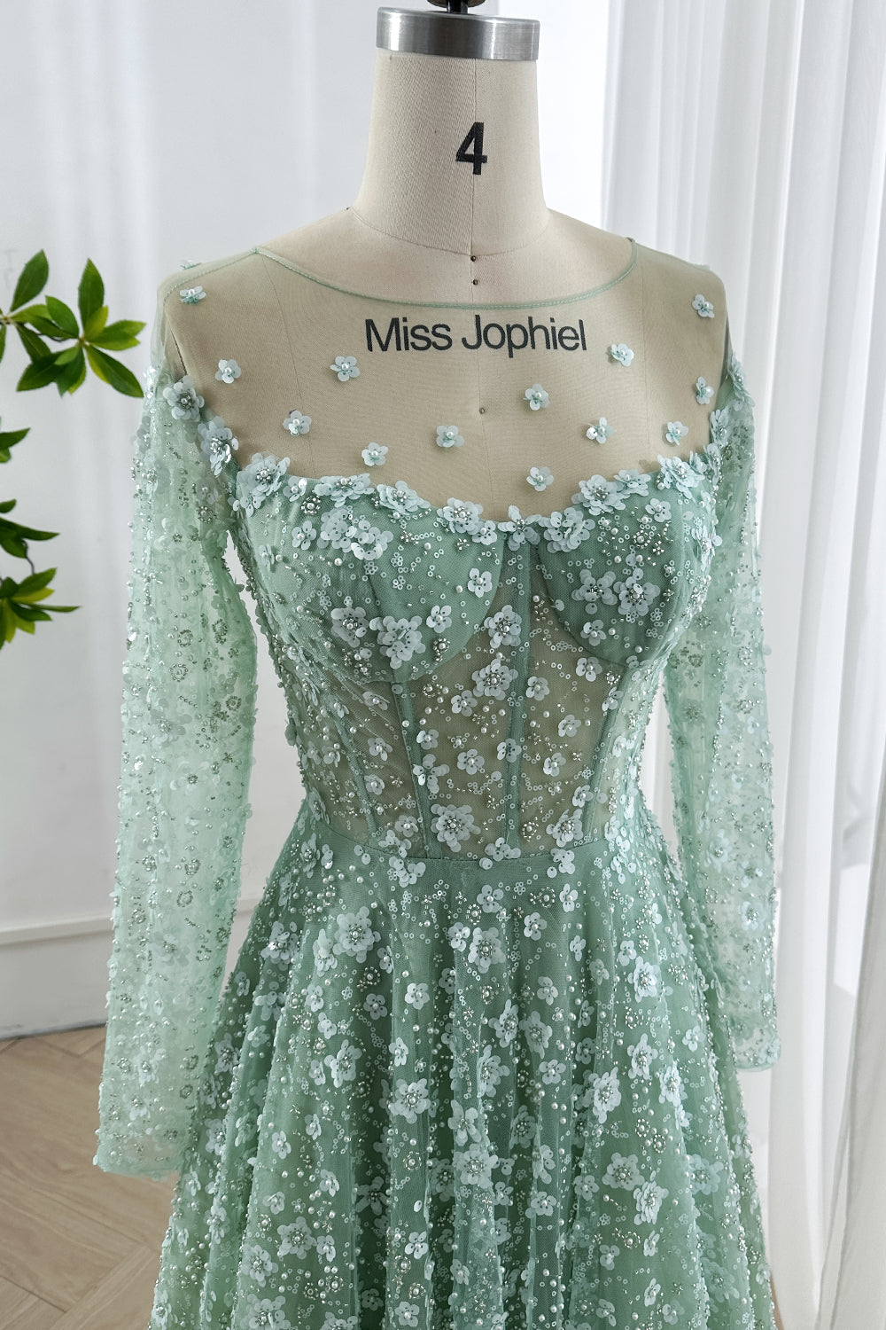 Sage Green Floral Illusion Long Sleeve A-Line Tulle Gown