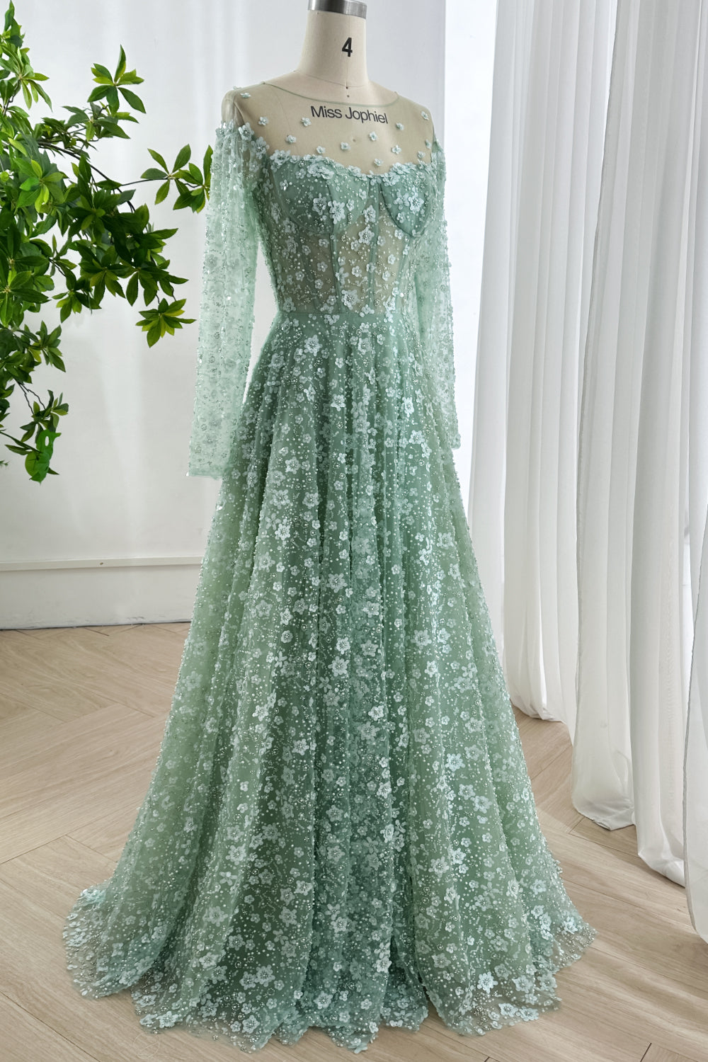 Sage Green Floral Illusion Long Sleeve A-Line Tulle Gown