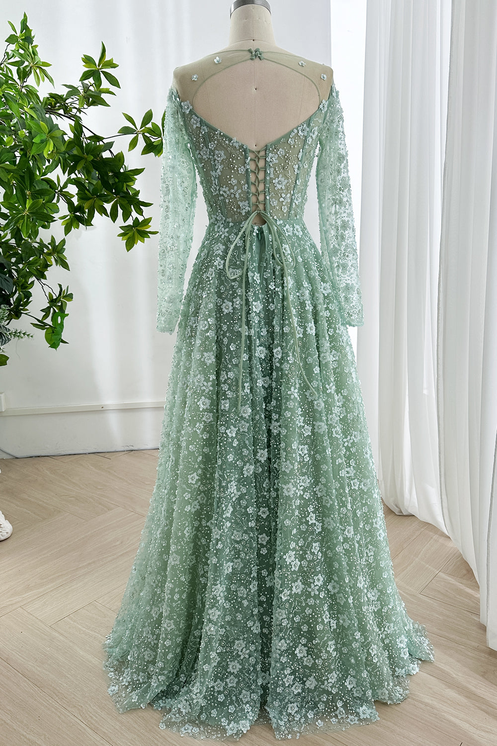 Sage Green Floral Illusion Long Sleeve A-Line Tulle Gown
